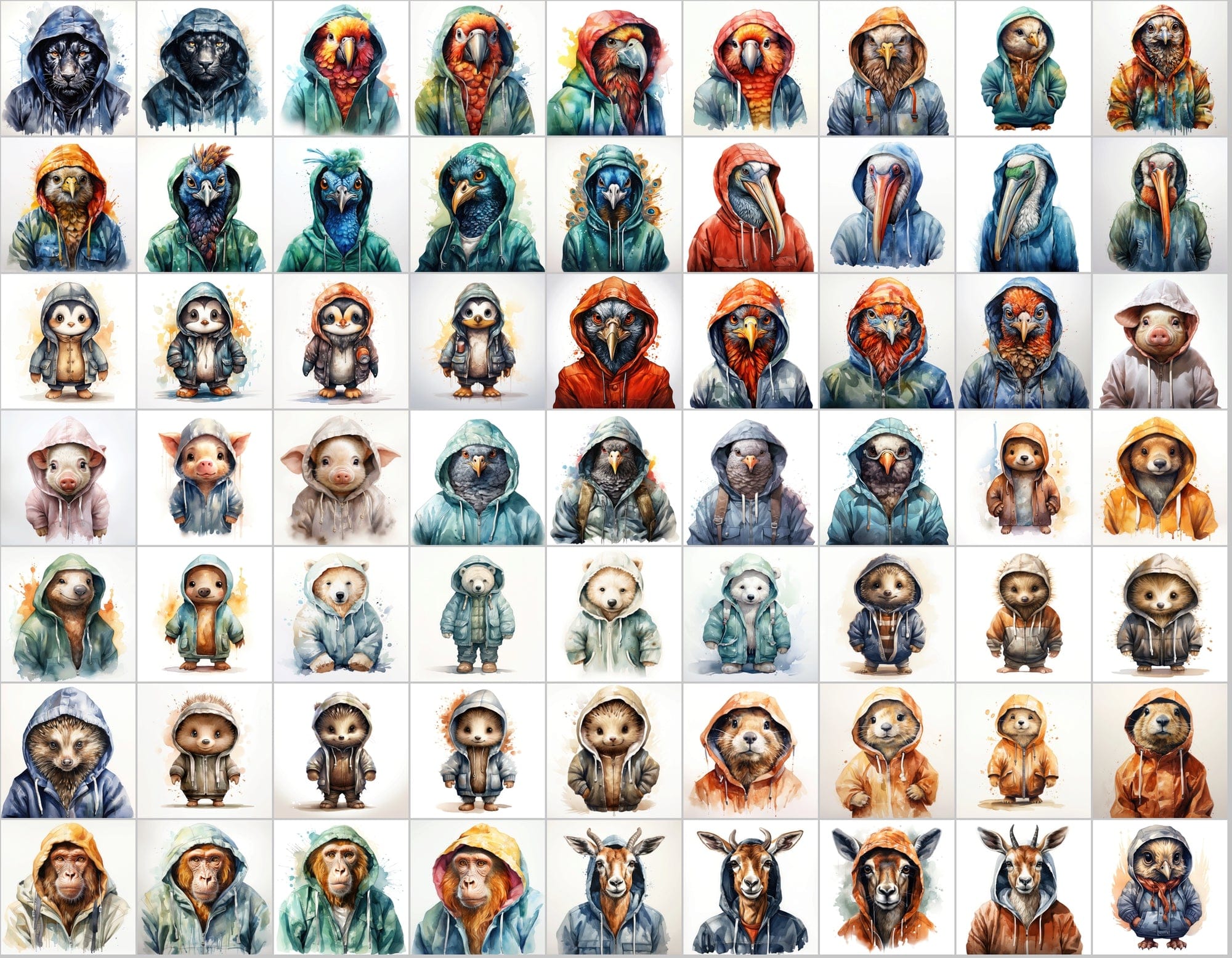 590 Watercolor Animals in Hoodies - Unleash Your Creativity with Our Watercolor Collection! Digital Download Sumobundle