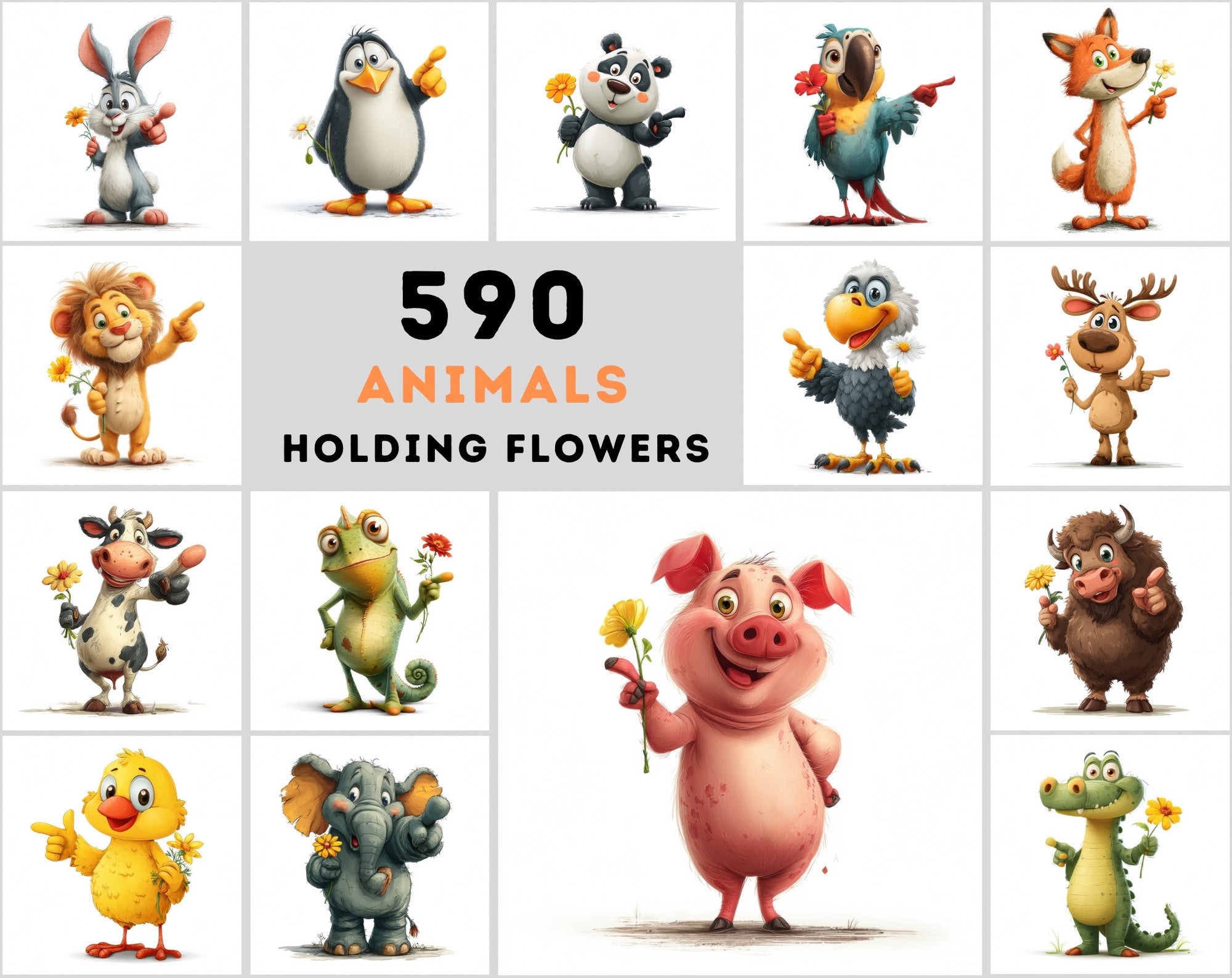 590 Cute Animals Holding Flowers | Cartoon Animal Clipart