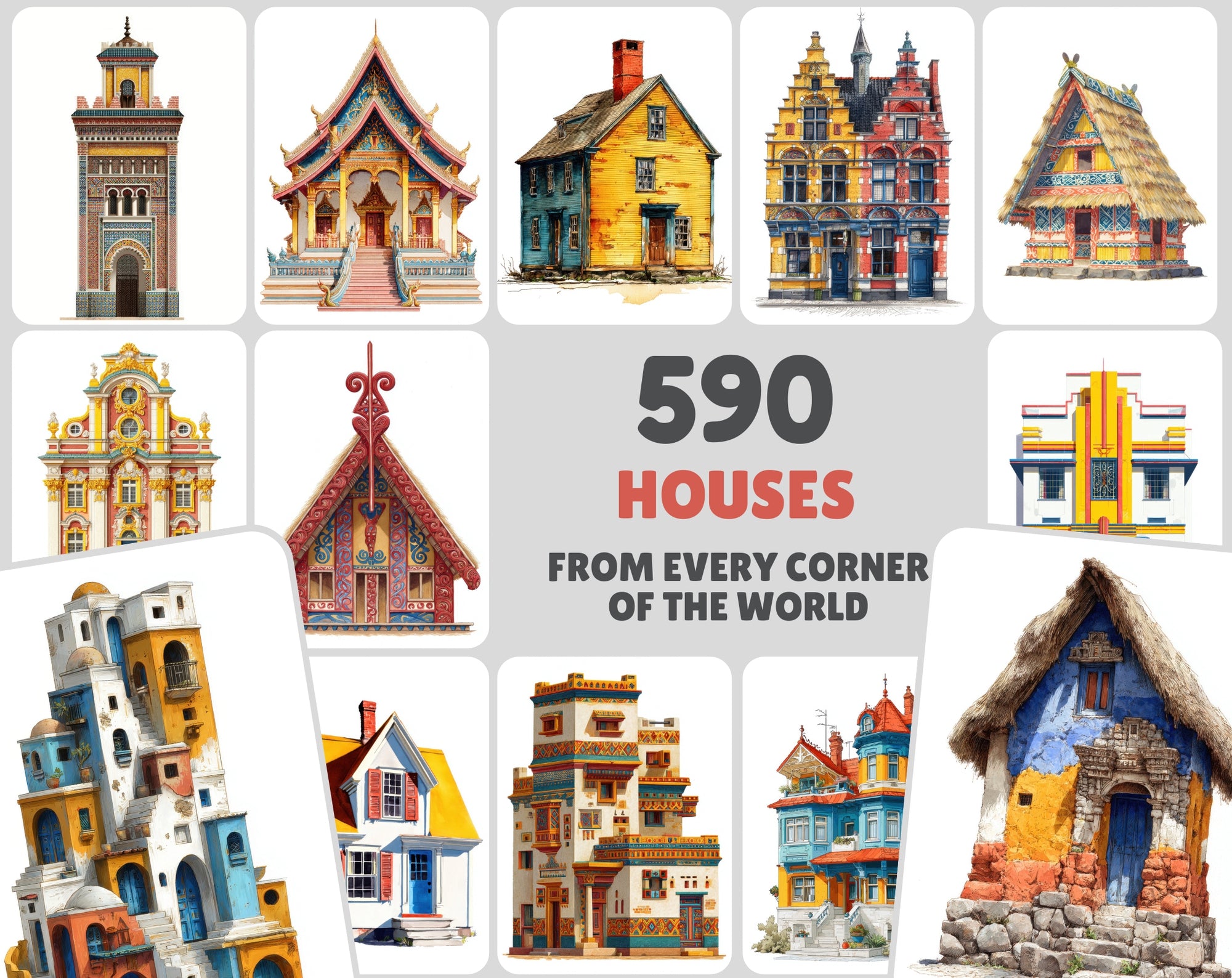 598 HOUSES From Every Corner of the World Clipart Bundle