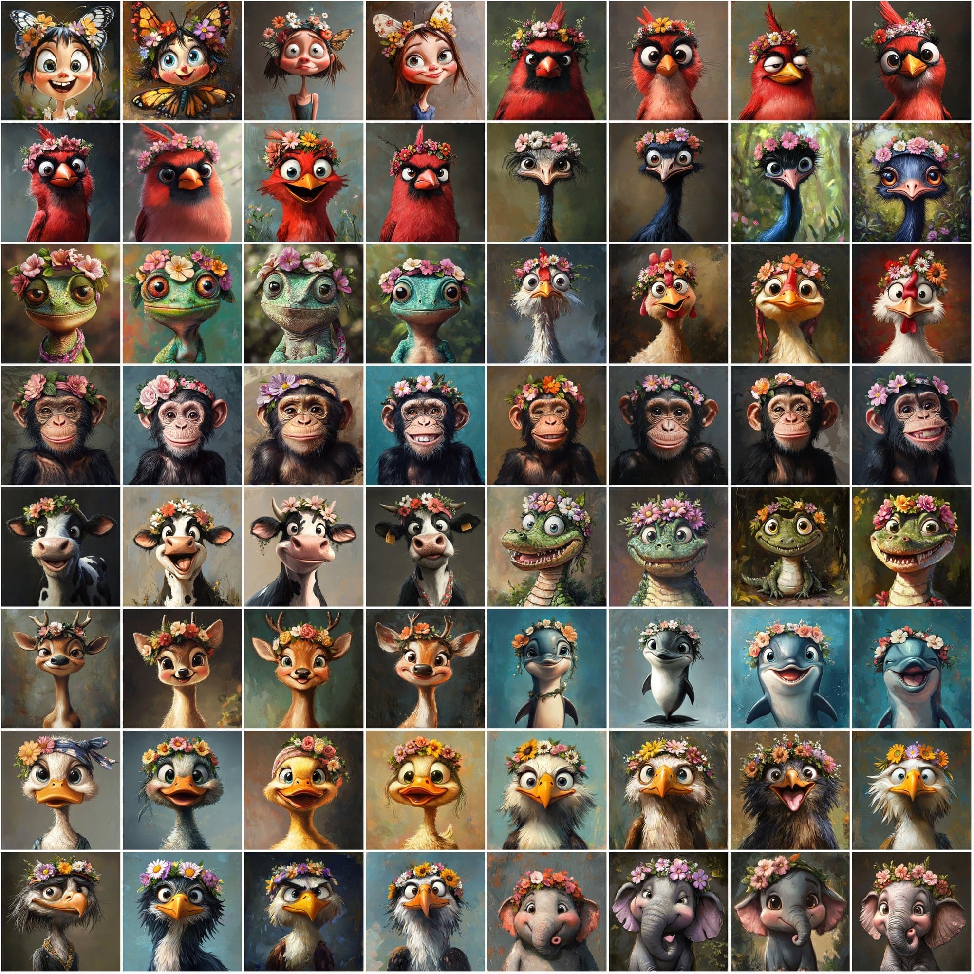 595 Charming Animal Characters: High-Res Oil Painting Style Digital Art Pack Digital Download Sumobundle