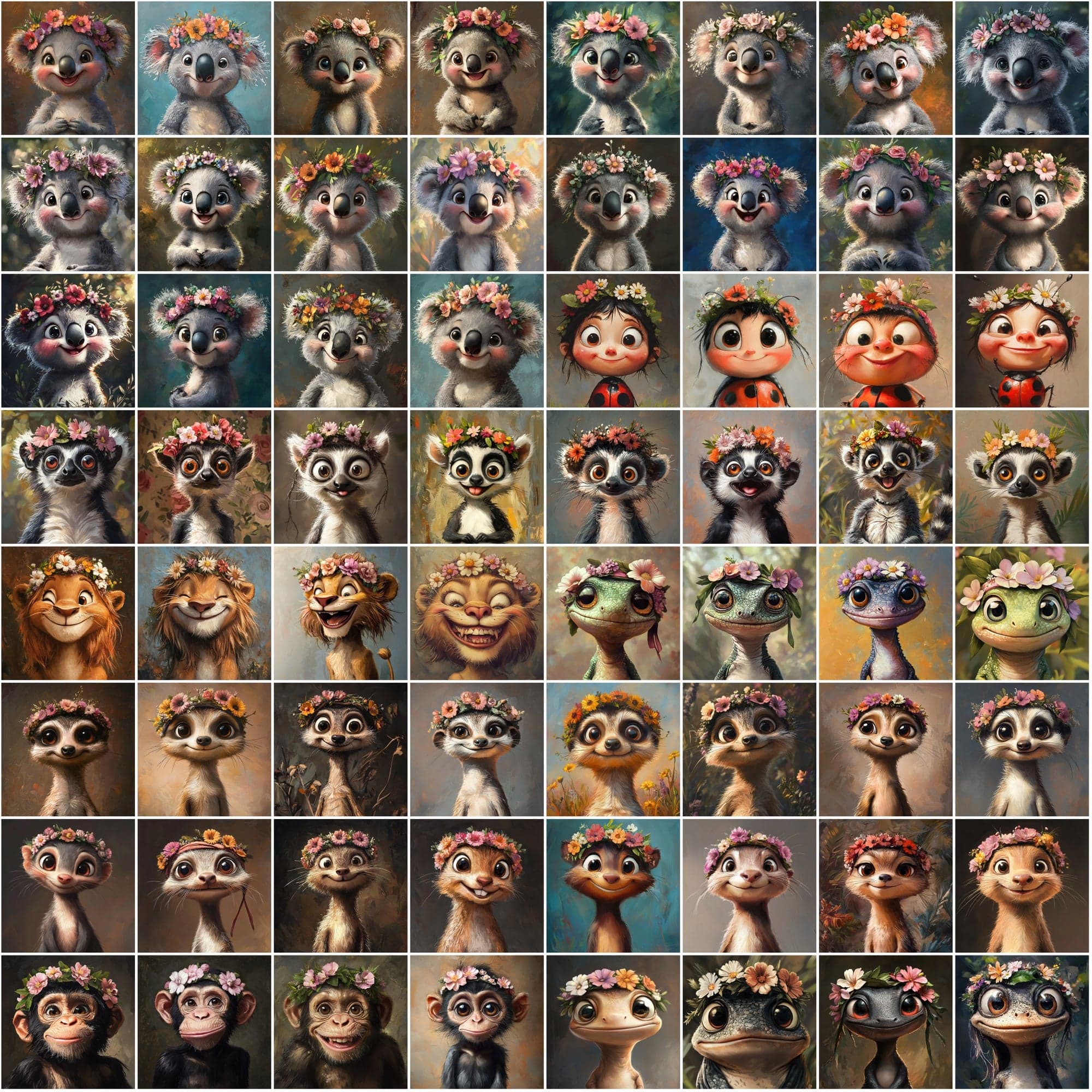 595 Charming Animal Characters: High-Res Oil Painting Style Digital Art Pack Digital Download Sumobundle