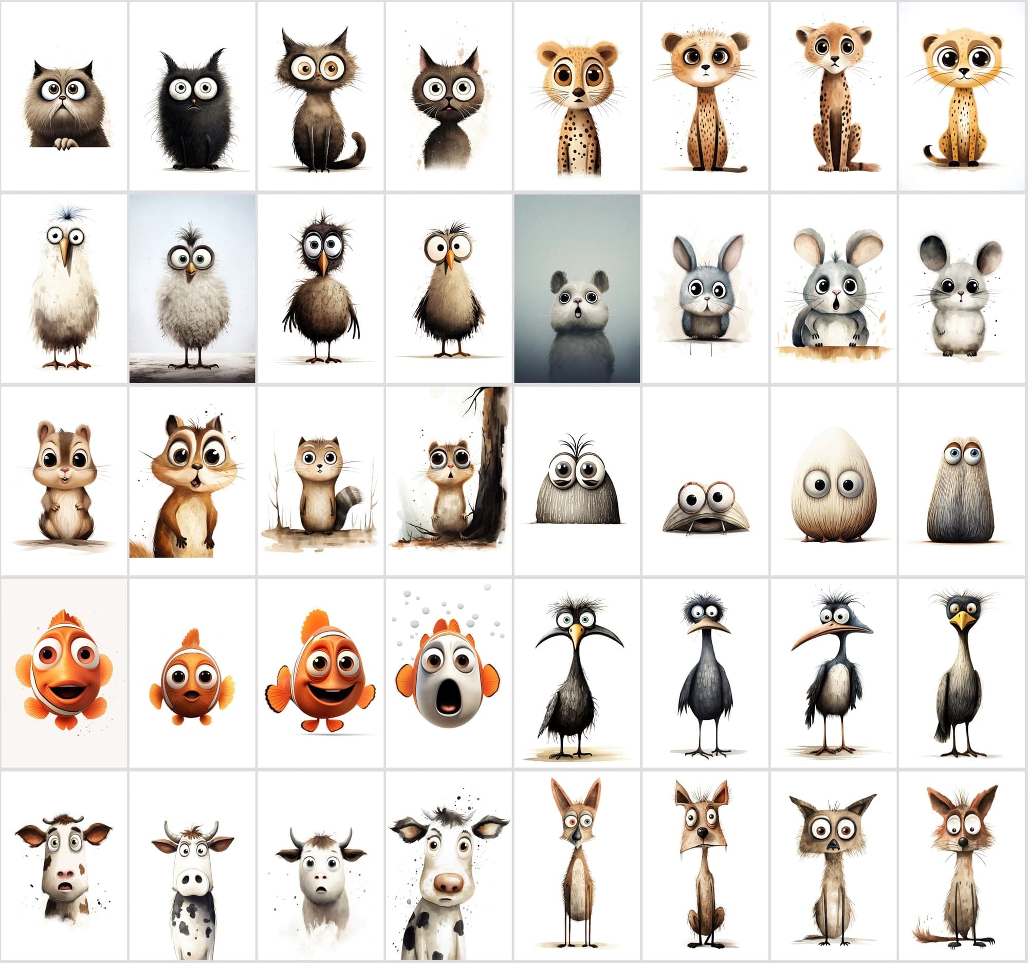 600 Scared & Funny Animals PNG Clipart Set, High-Resolution Commercial Use Graphics with Transparent Background, Big-Eyed Wonder Animals Digital Download Sumobundle