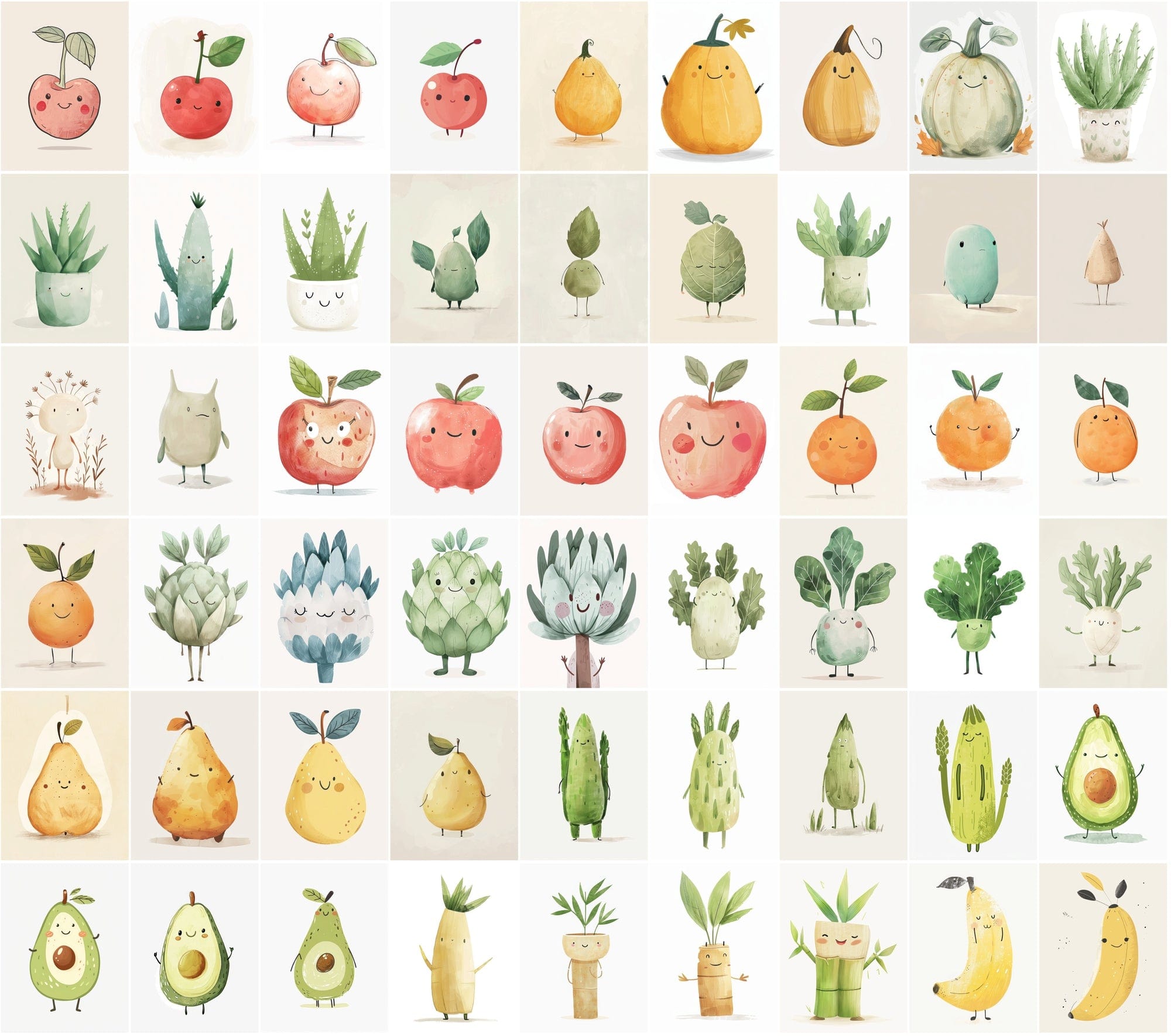 600 Unique Fruit and Vegetable Character Images - Pale Colors Digital Download Sumobundle