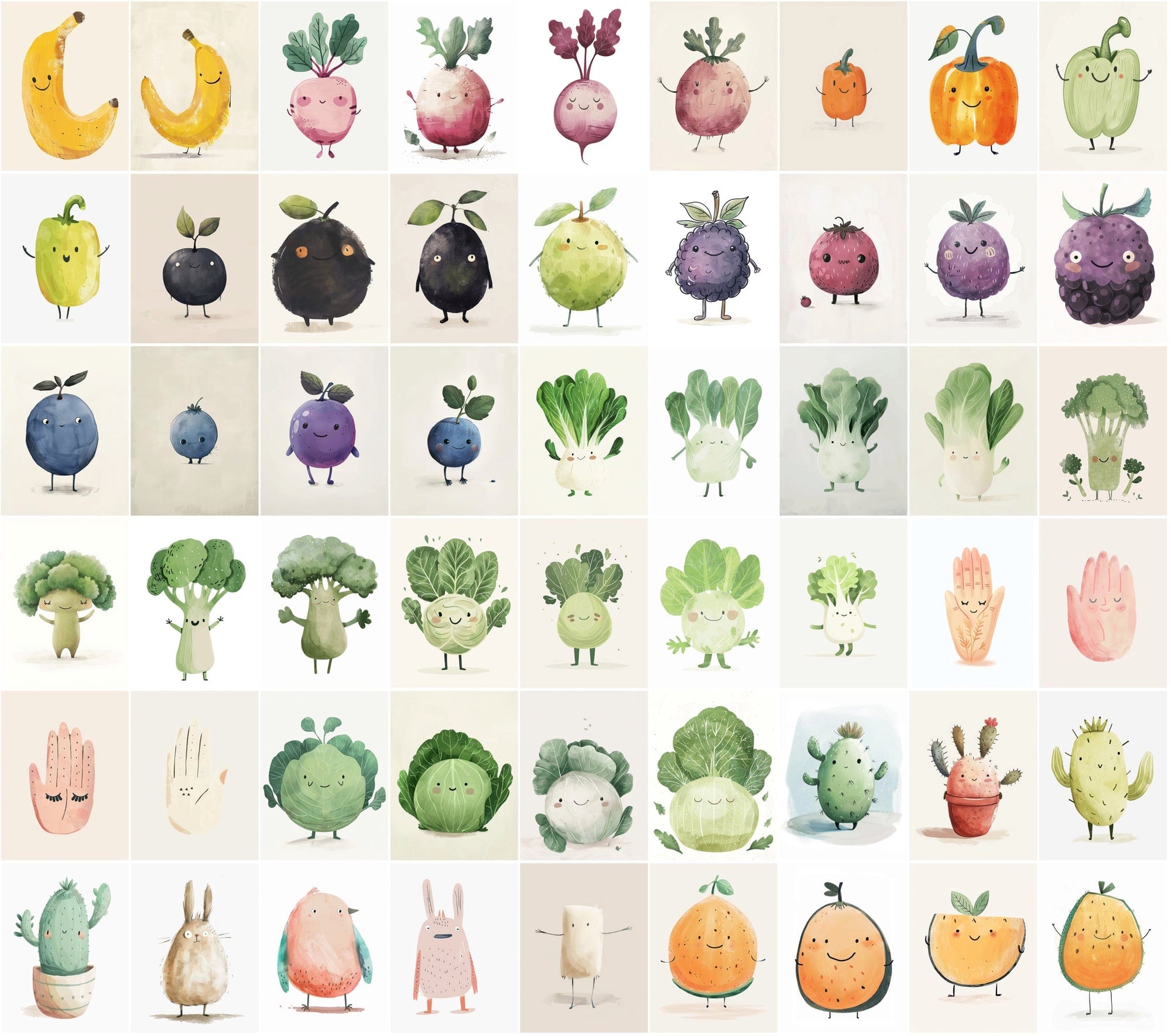 600 Unique Fruit and Vegetable Character Images - Pale Colors Digital Download Sumobundle
