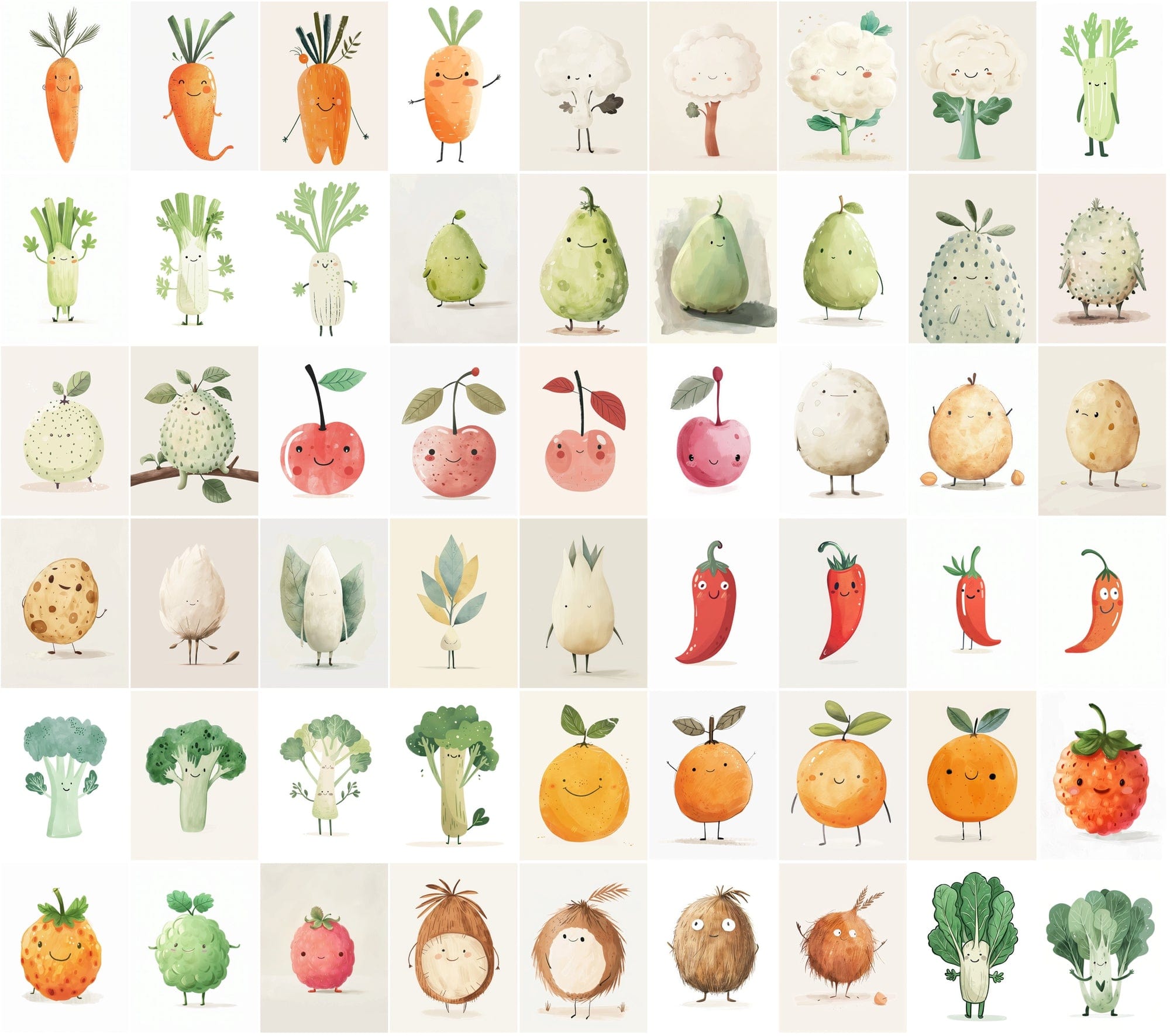 600 Unique Fruit and Vegetable Character Images - Pale Colors Digital Download Sumobundle