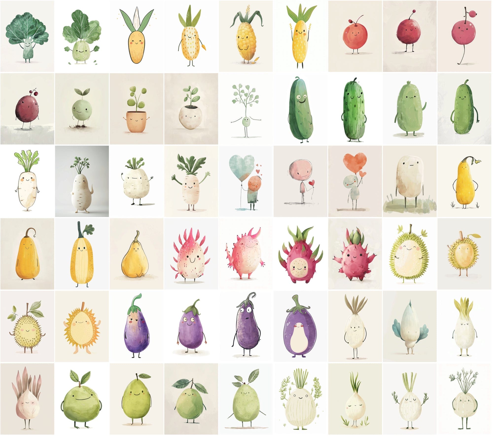 600 Unique Fruit and Vegetable Character Images - Pale Colors Digital Download Sumobundle