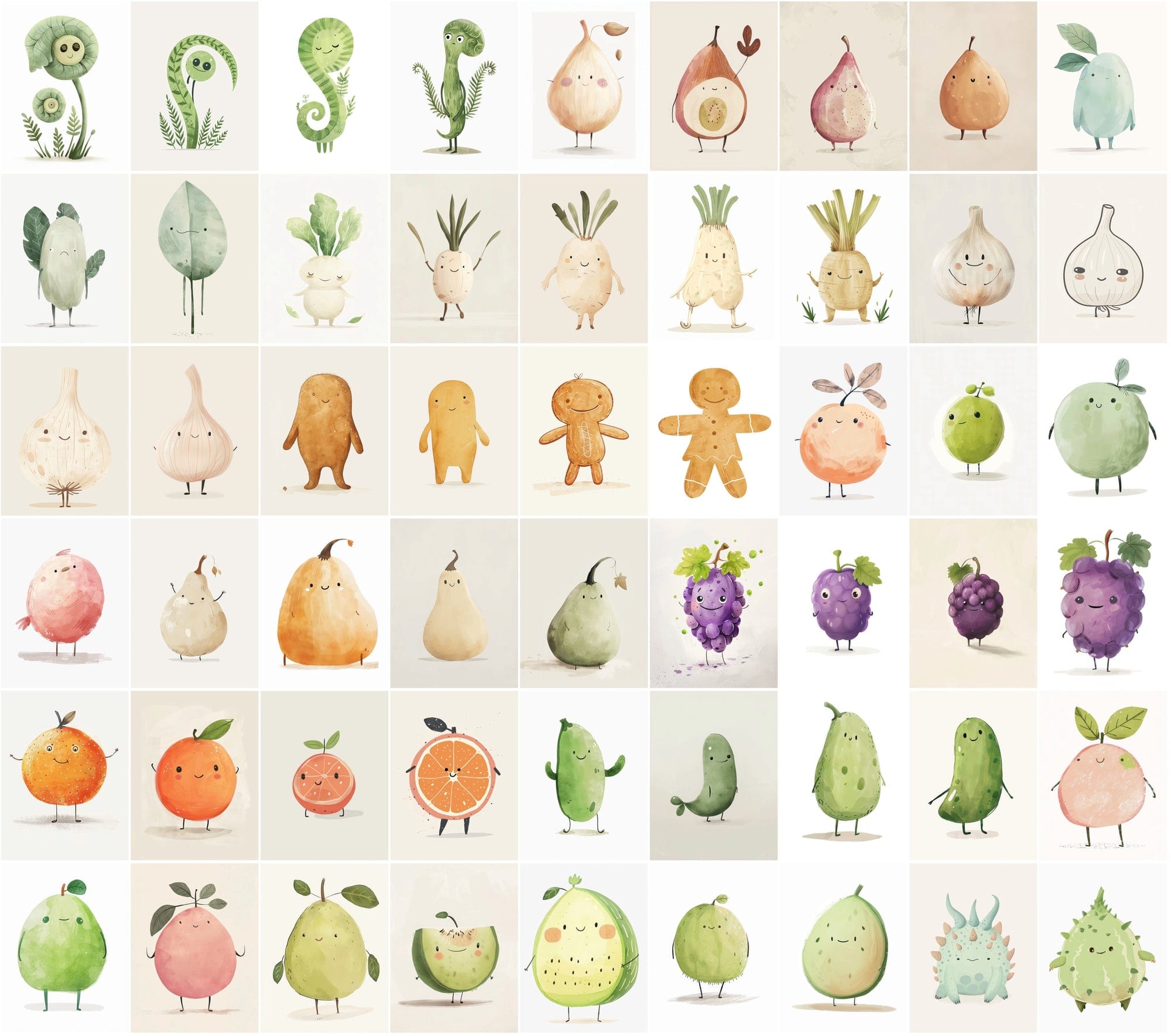 600 Unique Fruit and Vegetable Character Images - Pale Colors Digital Download Sumobundle