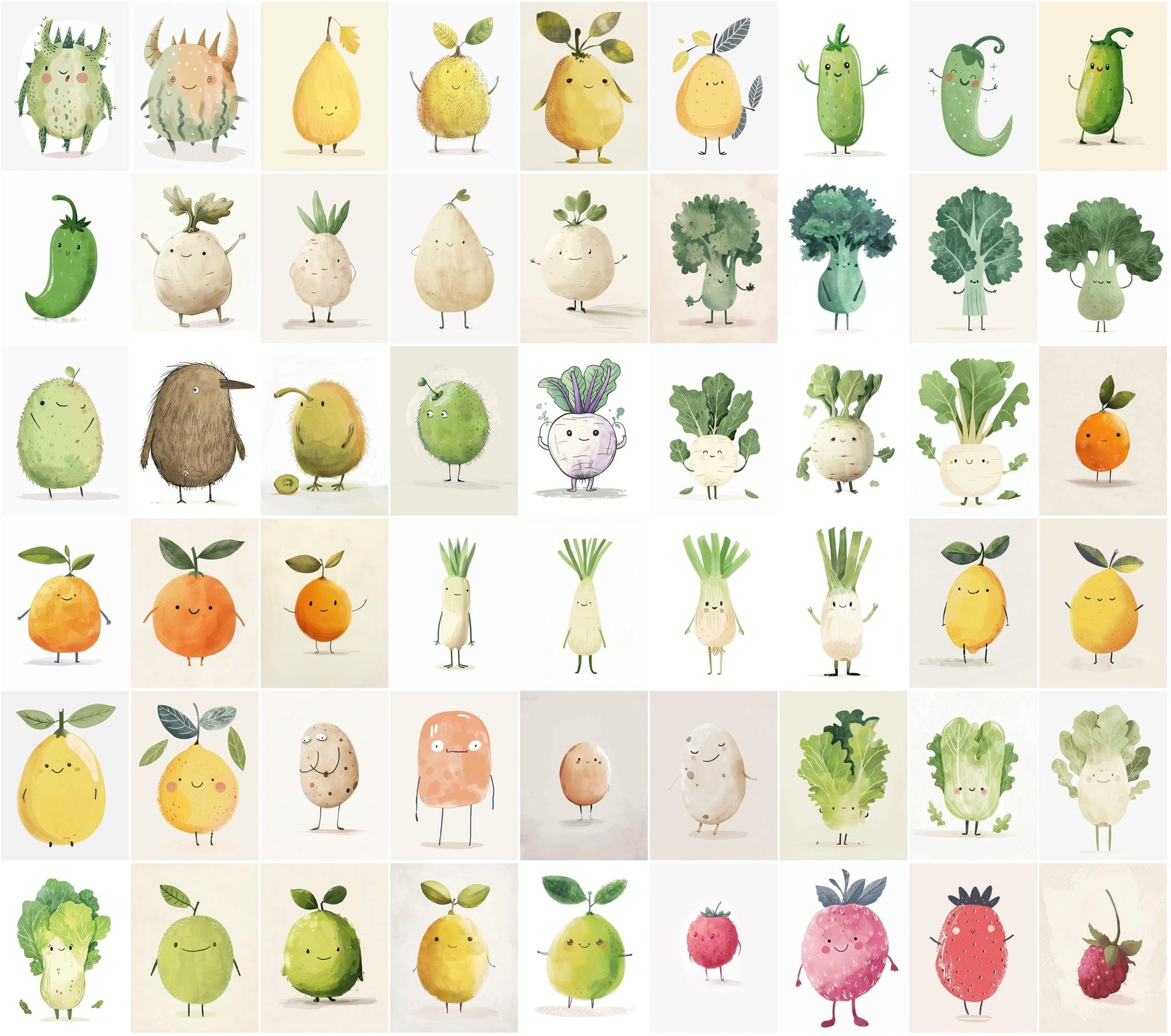 600 Unique Fruit and Vegetable Character Images - Pale Colors Digital Download Sumobundle