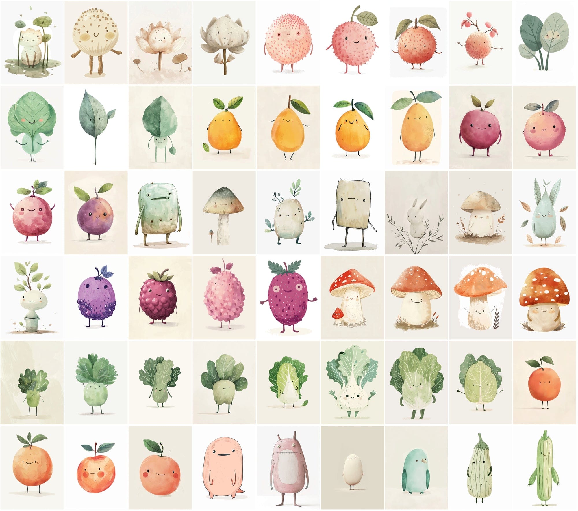 600 Unique Fruit and Vegetable Character Images - Pale Colors Digital Download Sumobundle