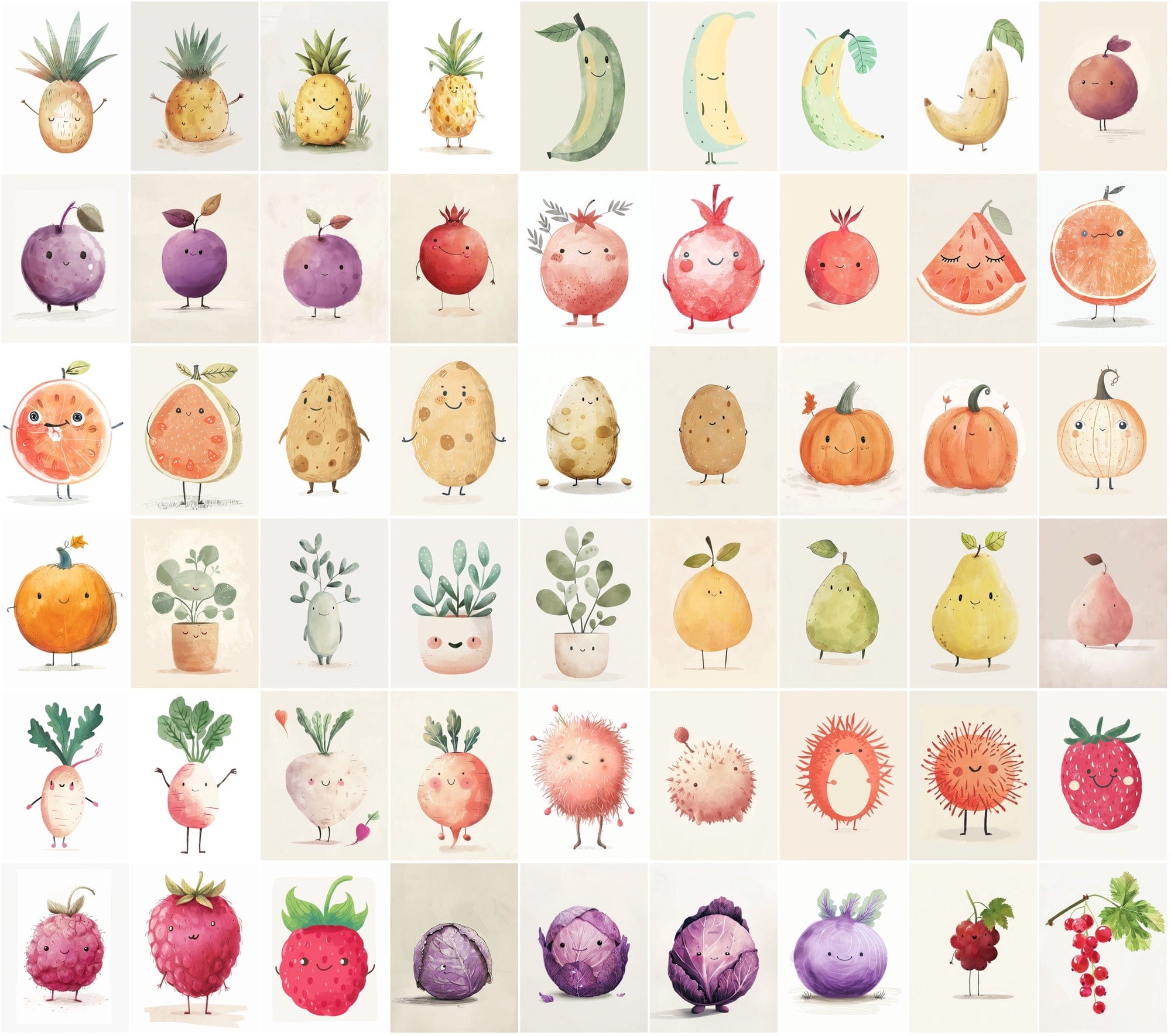 600 Unique Fruit and Vegetable Character Images - Pale Colors Digital Download Sumobundle