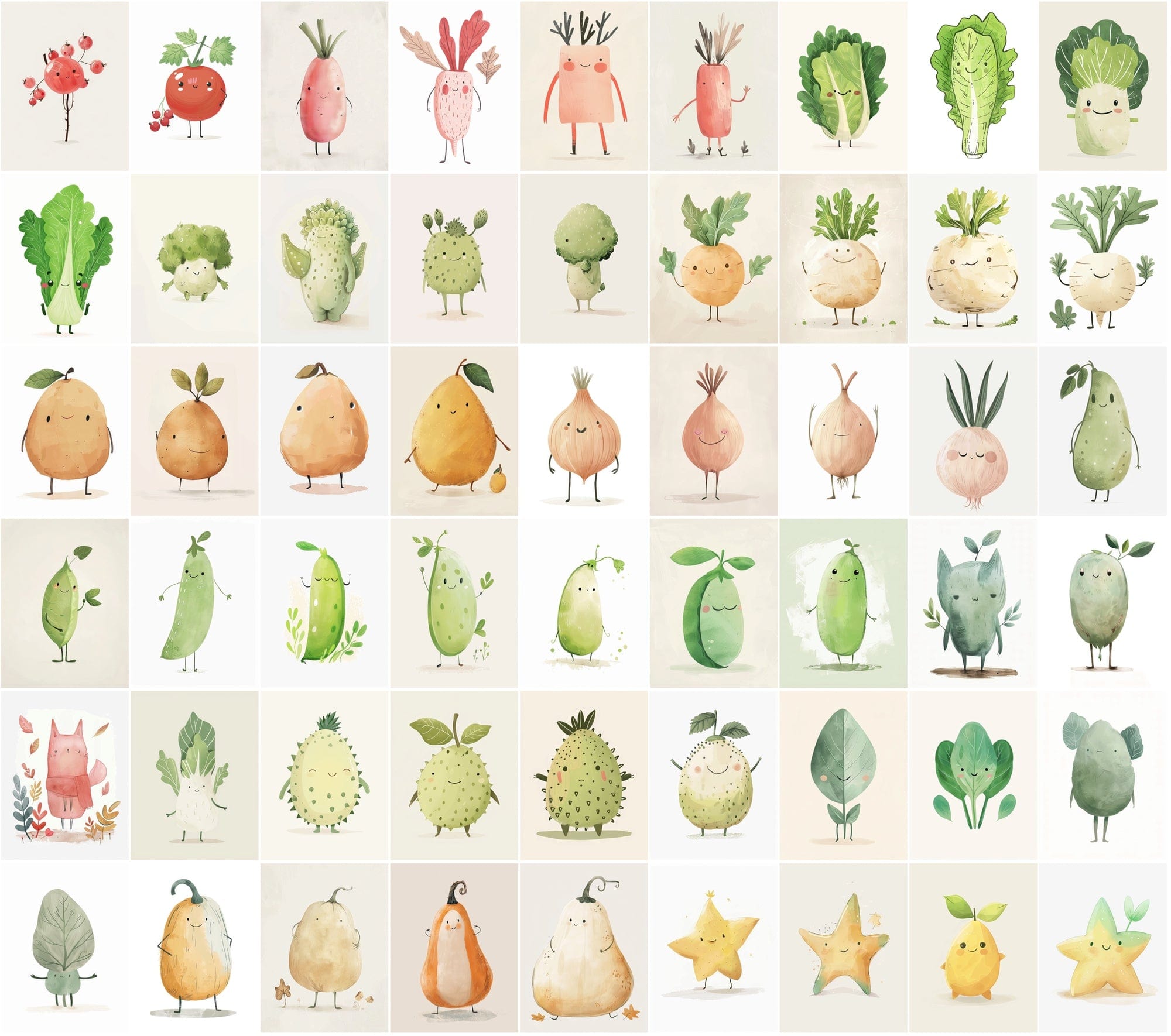 600 Unique Fruit and Vegetable Character Images - Pale Colors Digital Download Sumobundle