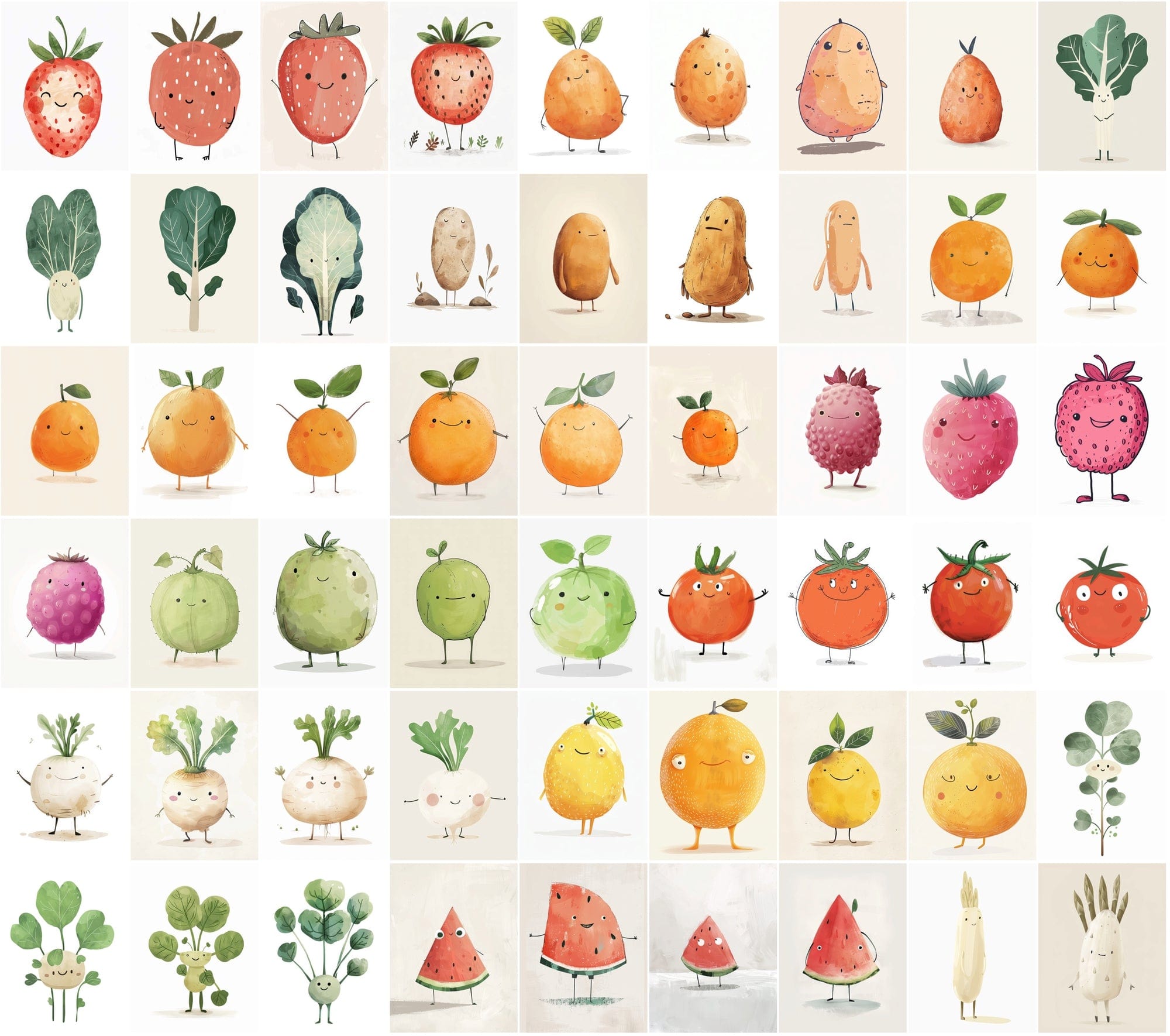 600 Unique Fruit and Vegetable Character Images - Pale Colors Digital Download Sumobundle
