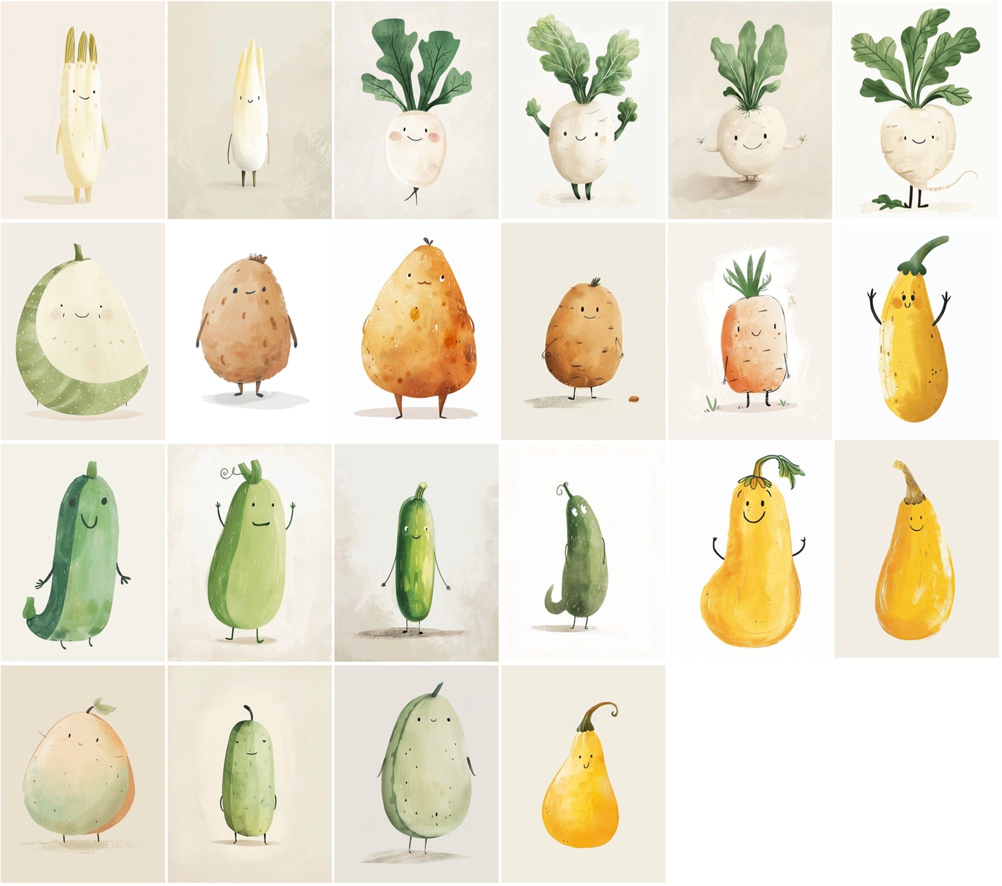 600 Unique Fruit and Vegetable Character Images - Pale Colors Digital Download Sumobundle