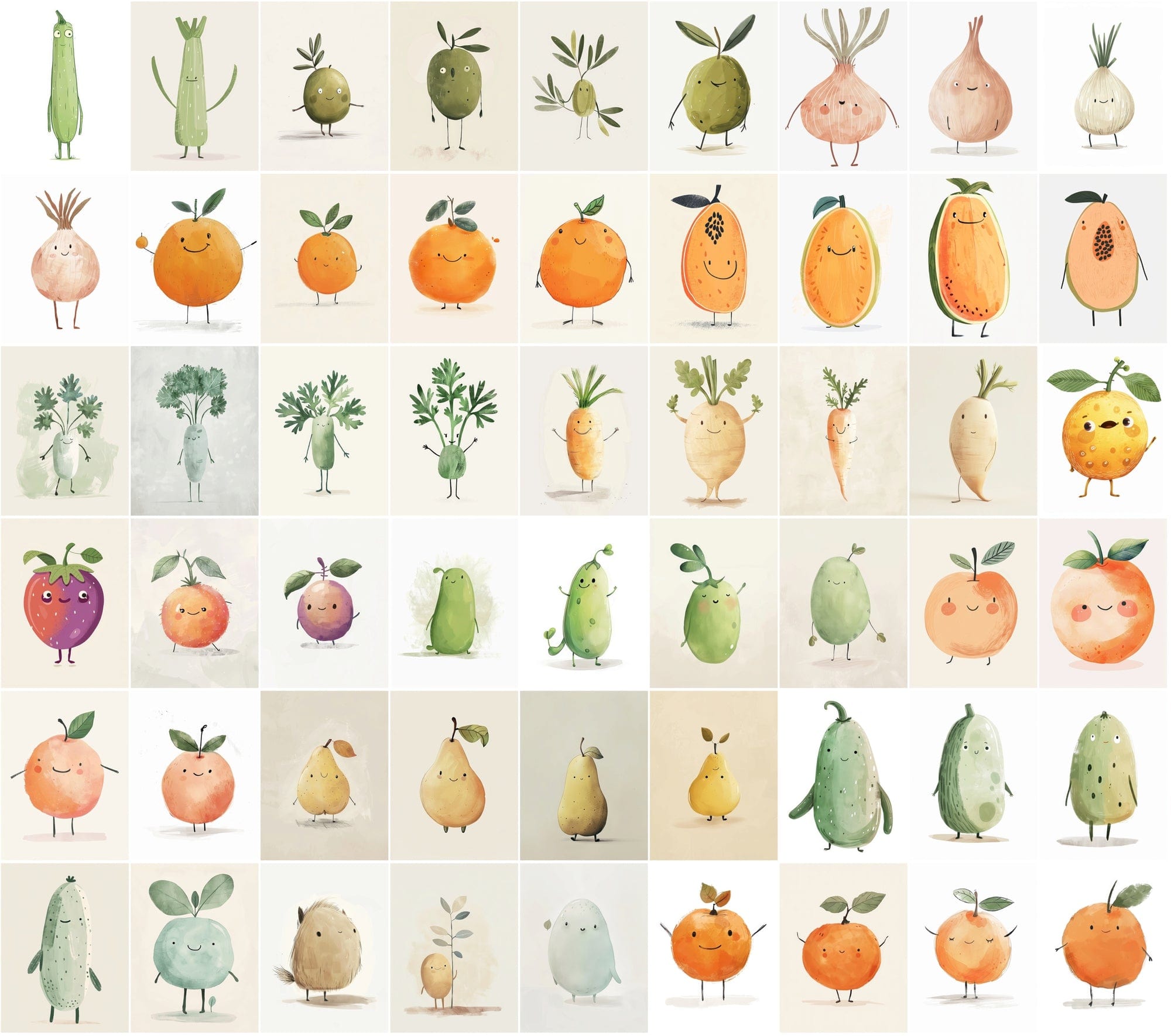 600 Unique Fruit and Vegetable Character Images - Pale Colors Digital Download Sumobundle