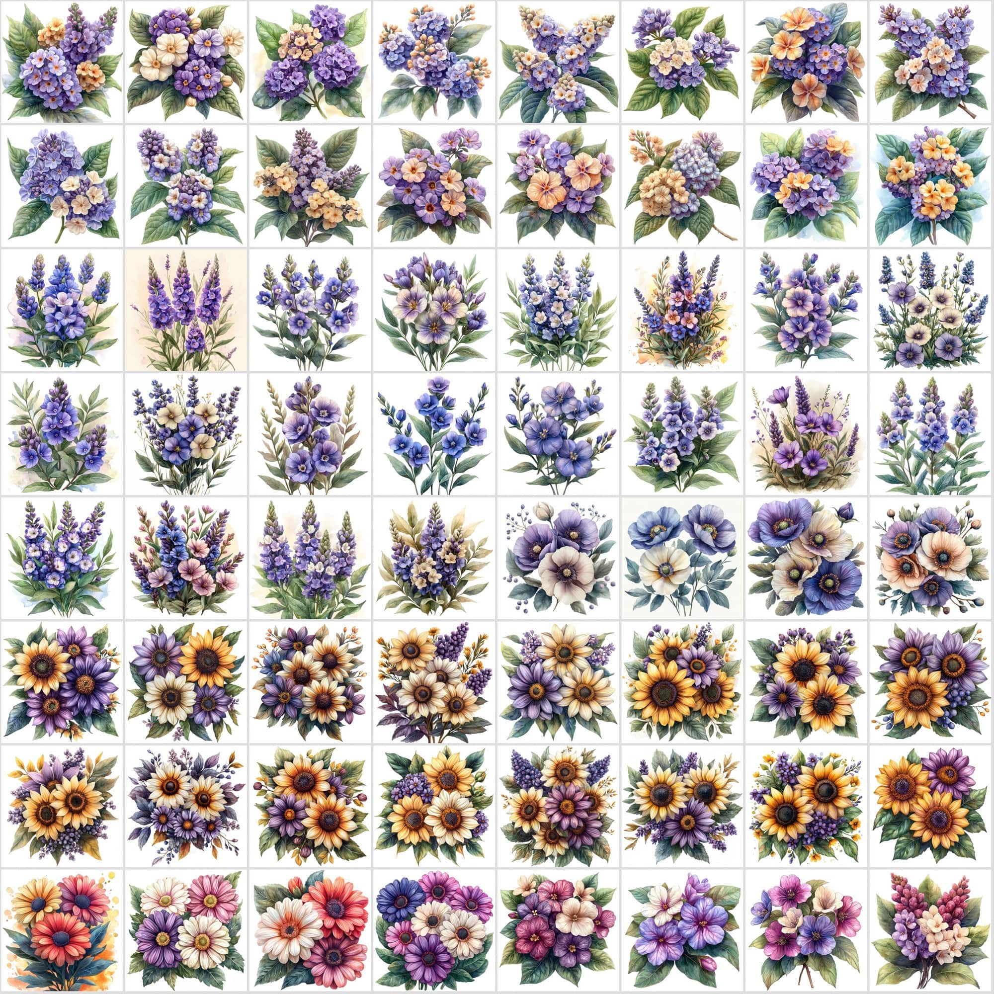 600 Vibrant Watercolor Flowers & Leaves Digital Download Sumobundle