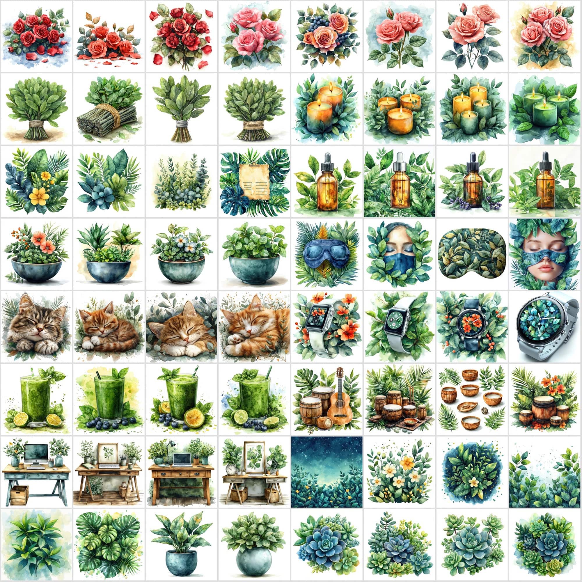 600 Watercolor Illustrations for Wellness & Self-Care - Commercial License Included Digital Download Sumobundle