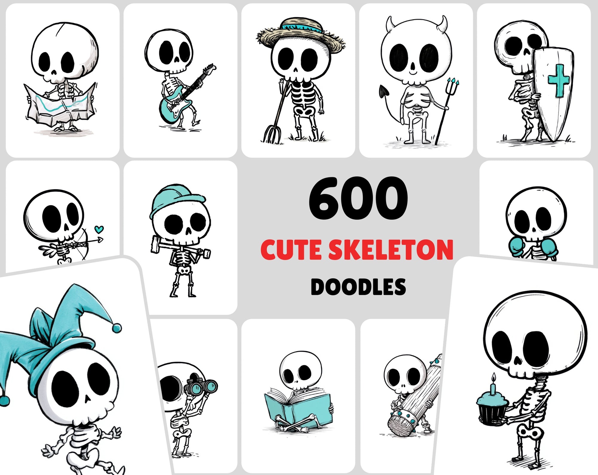 600 Cute Skeleton Doodle Clipart Bundle | Hand Drawn Stickman Skull Illustrations