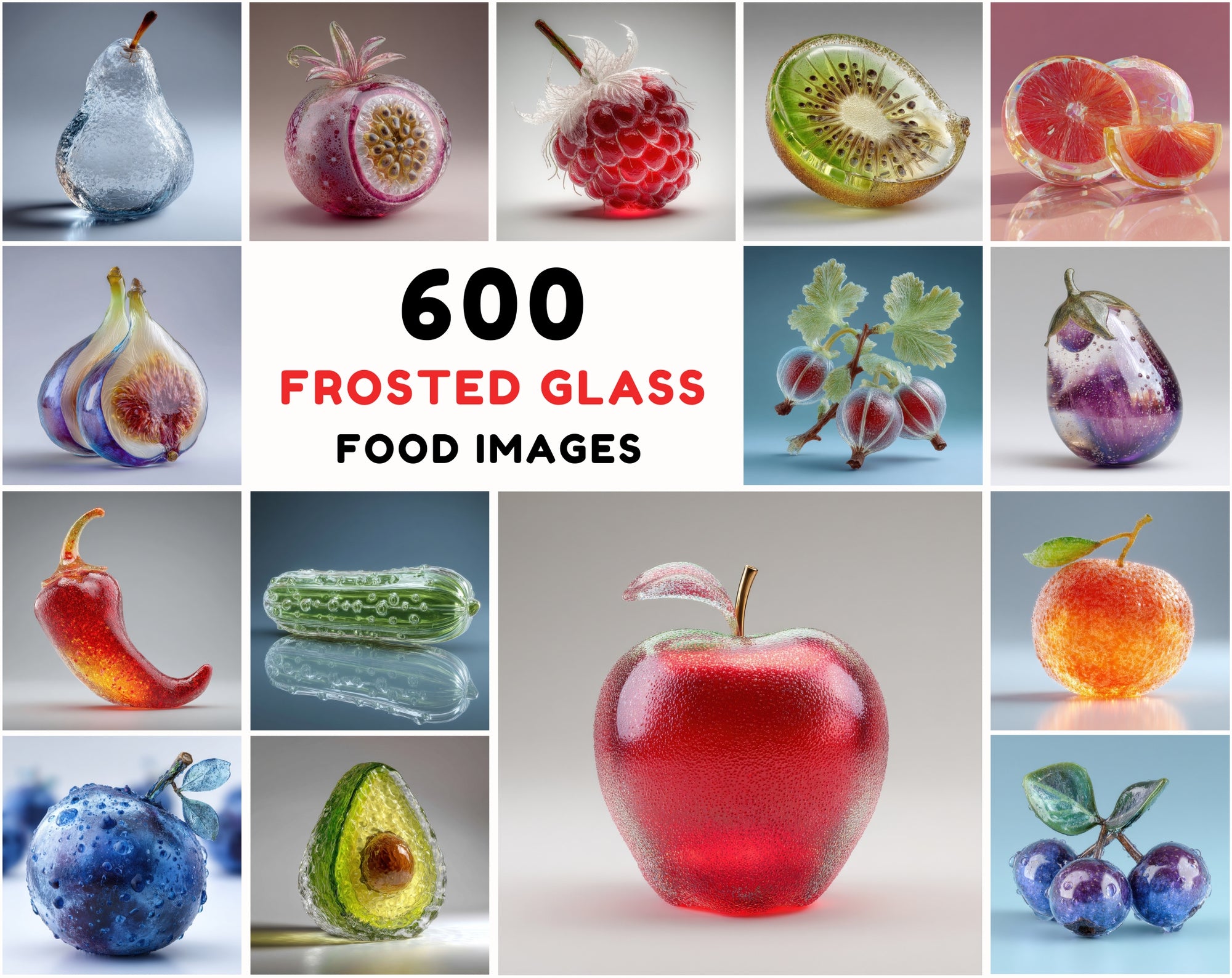 600 Frosted Glass Fruits & Veggies – High-Res JPGs for Design, Decor & Print