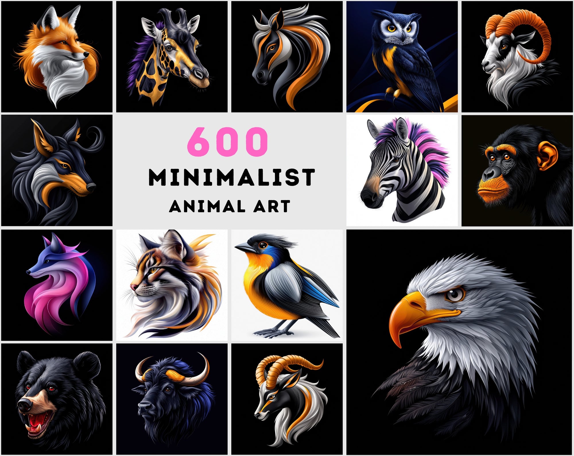 600 Minimalist Animal Designs | Bold & Vibrant Digital Collection