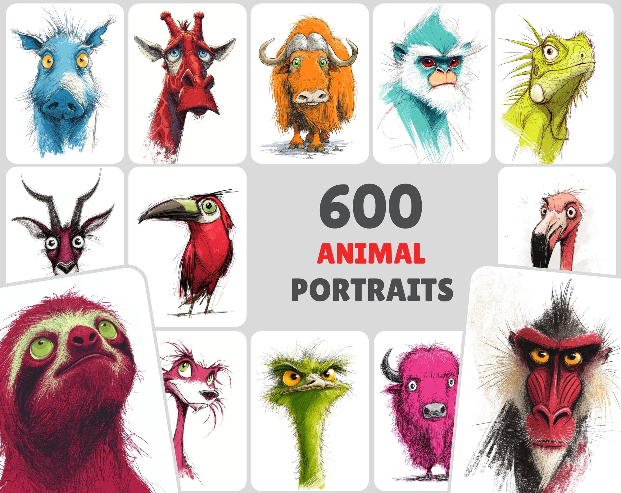 600 Quirky Animal Portrait Clipart Bundle | Expressive Cartoon Characters