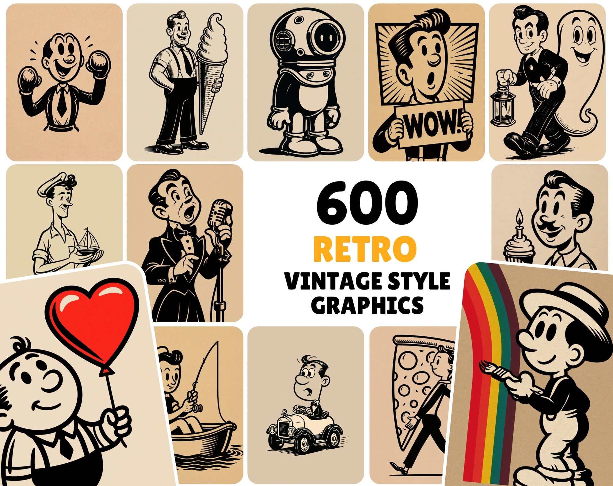 600 Retro Cartoon Illustrations Bundle, Vintage T-Shirt Graphics, JPG Clipart with Commercial License