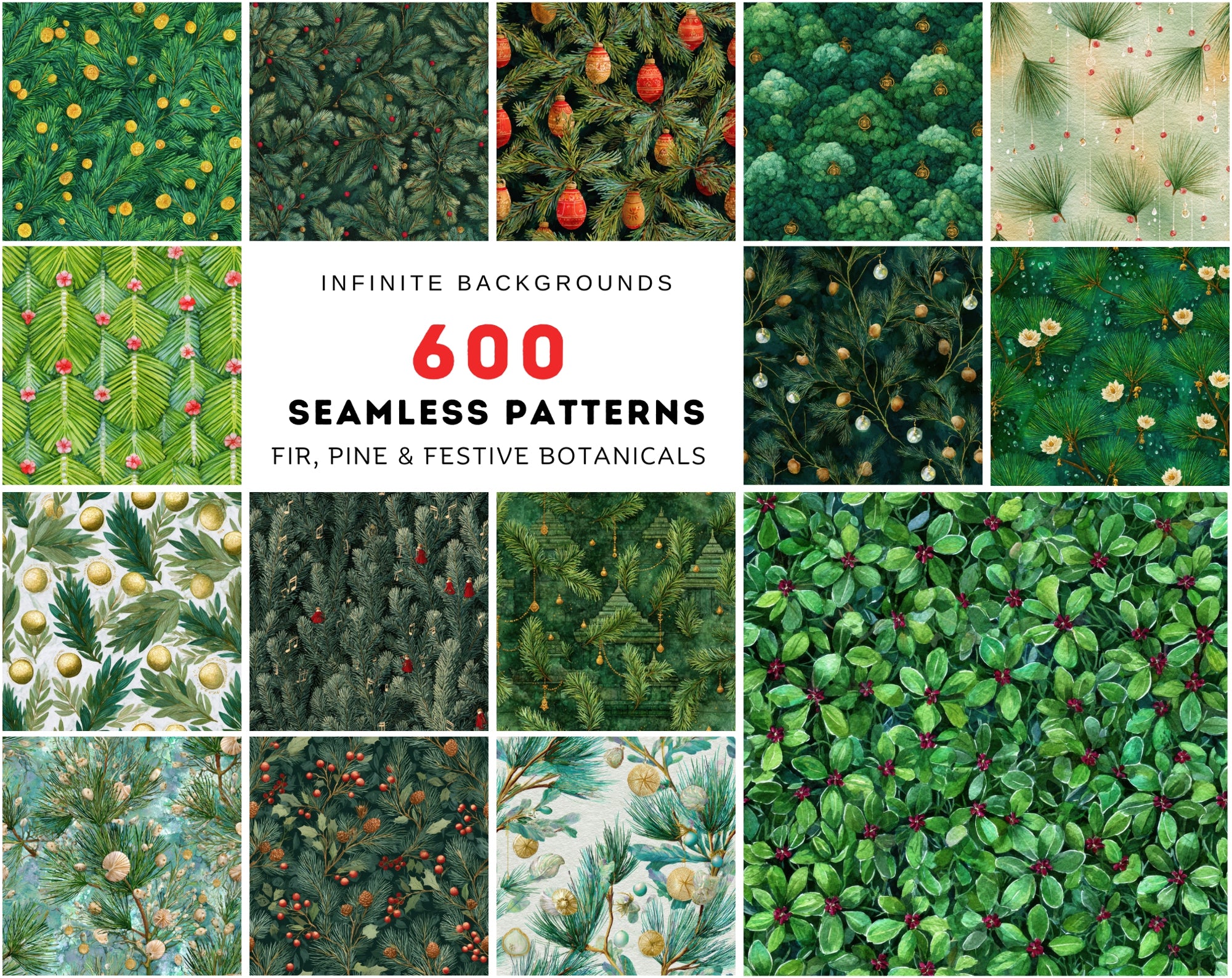 600 Watercolor Greenery Seamless Patterns – Fir, Pine & Holiday Botanical Backgrounds