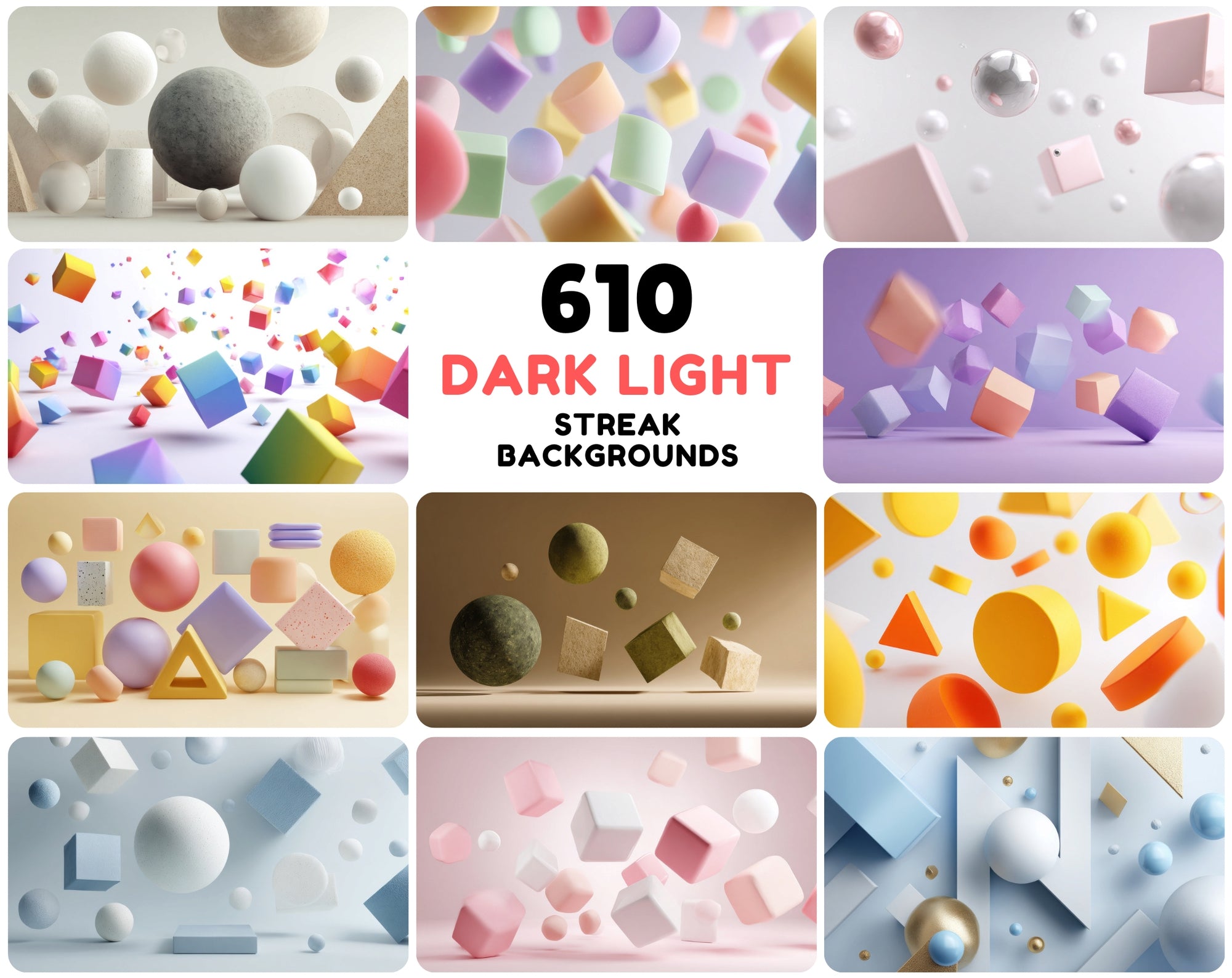 610 Colorful 3D Abstract Backgrounds Bundle | Floating Geometric Shapes