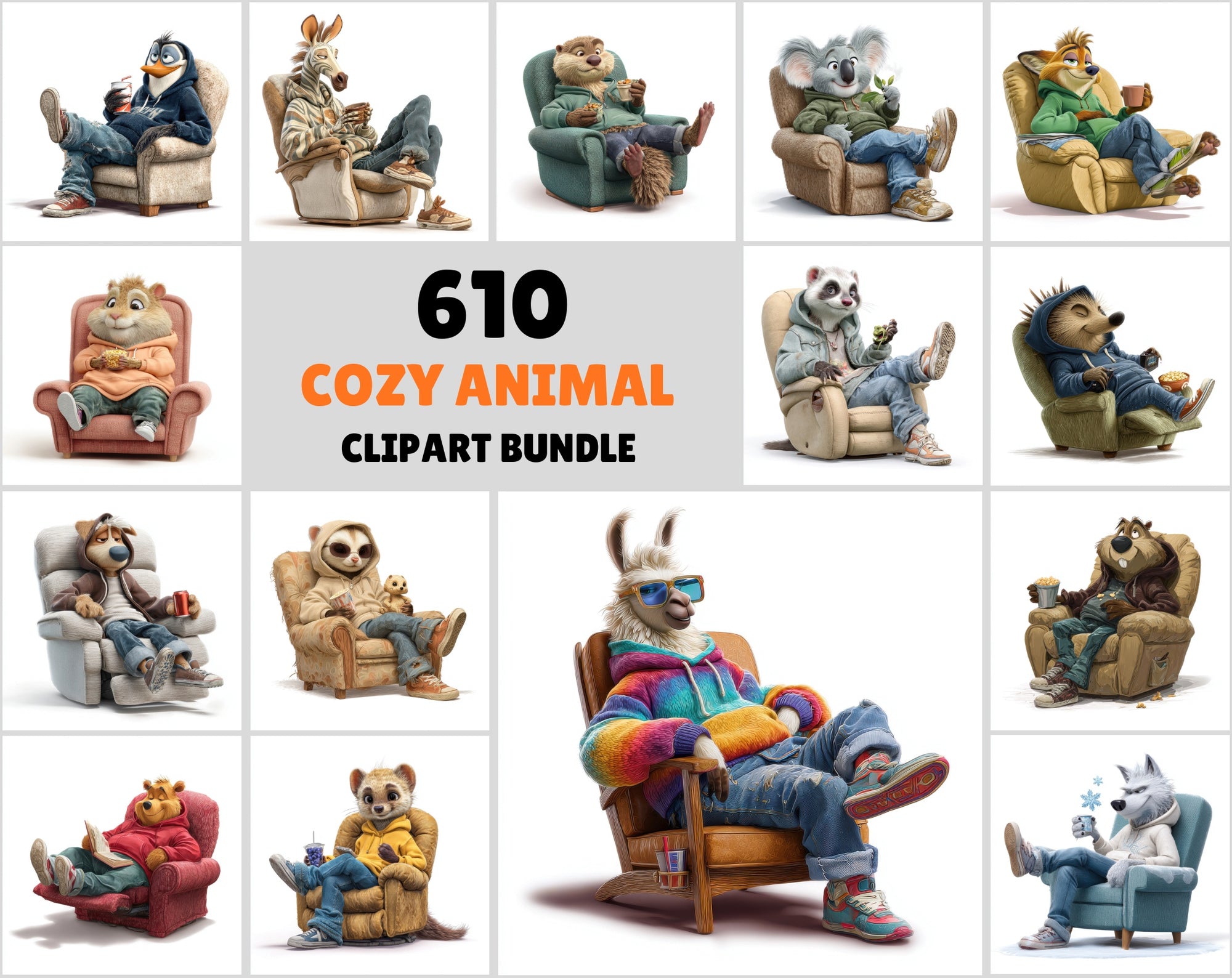 610 Cute Animals Relaxing on Recliners Clipart Bundle