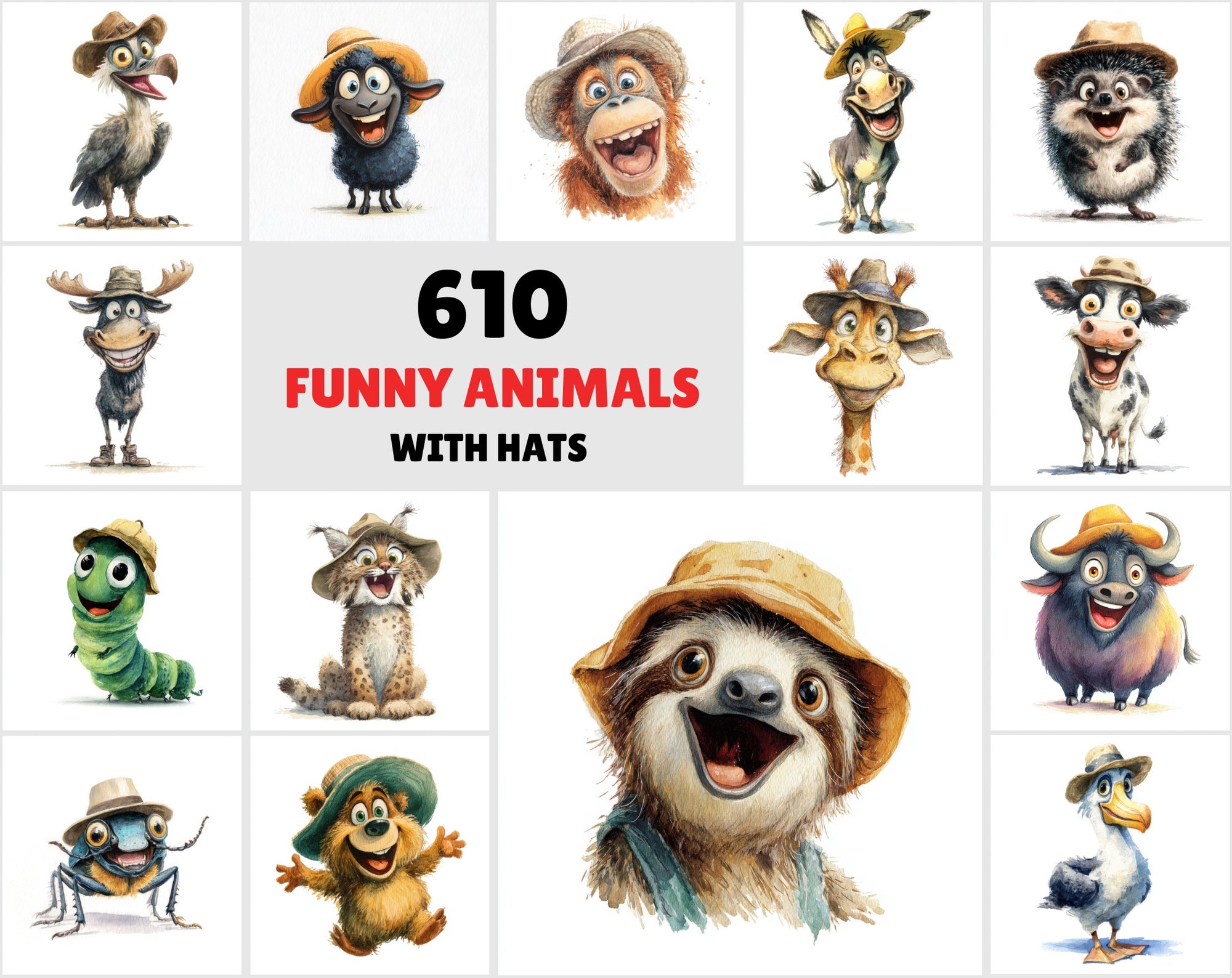 610 Funny Animals with Hats – Cartoon Watercolor Animal Clipart Bundle