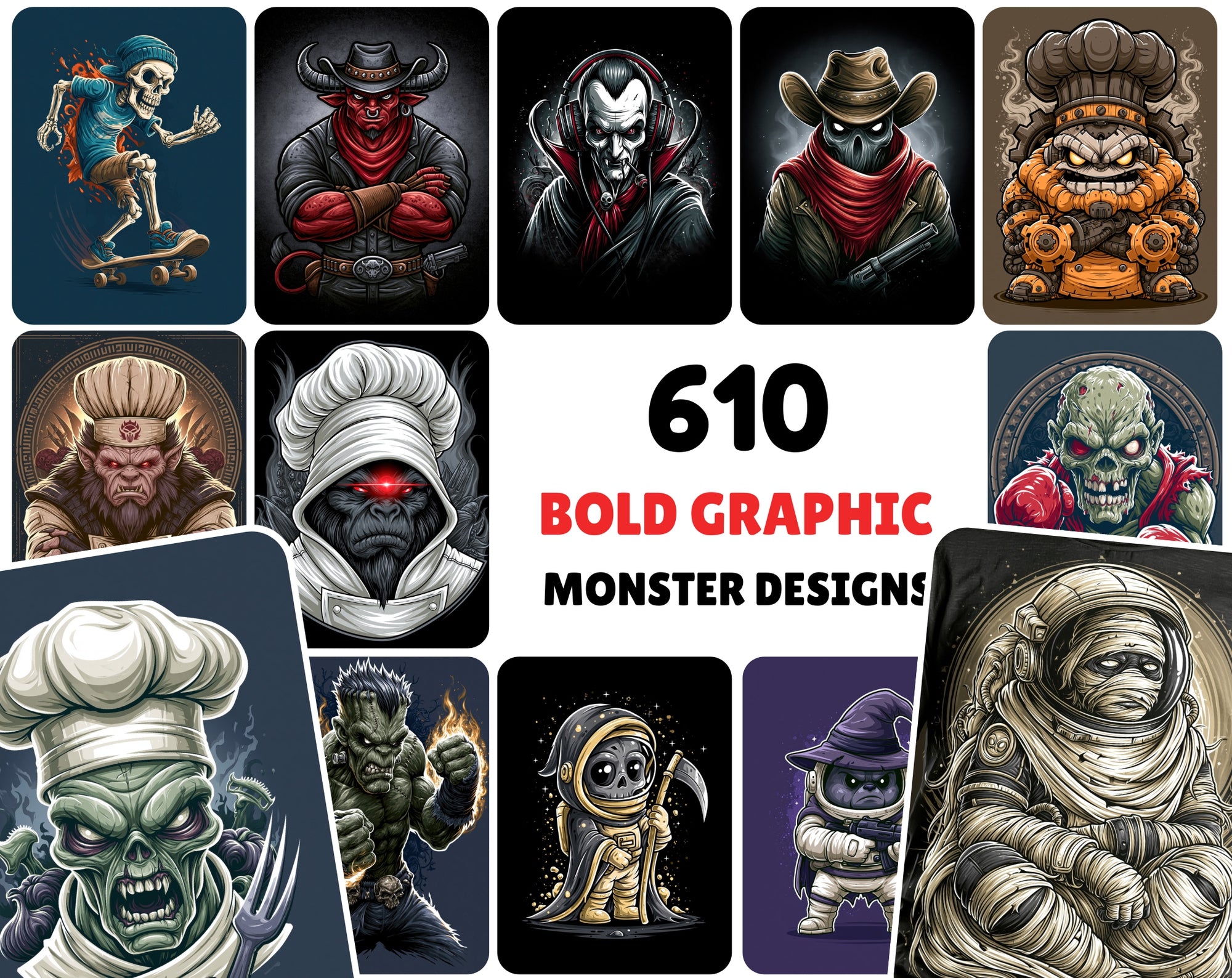610 Monster Mashup T-Shirt Designs Bundle | Bold Graphic Character Illustrations