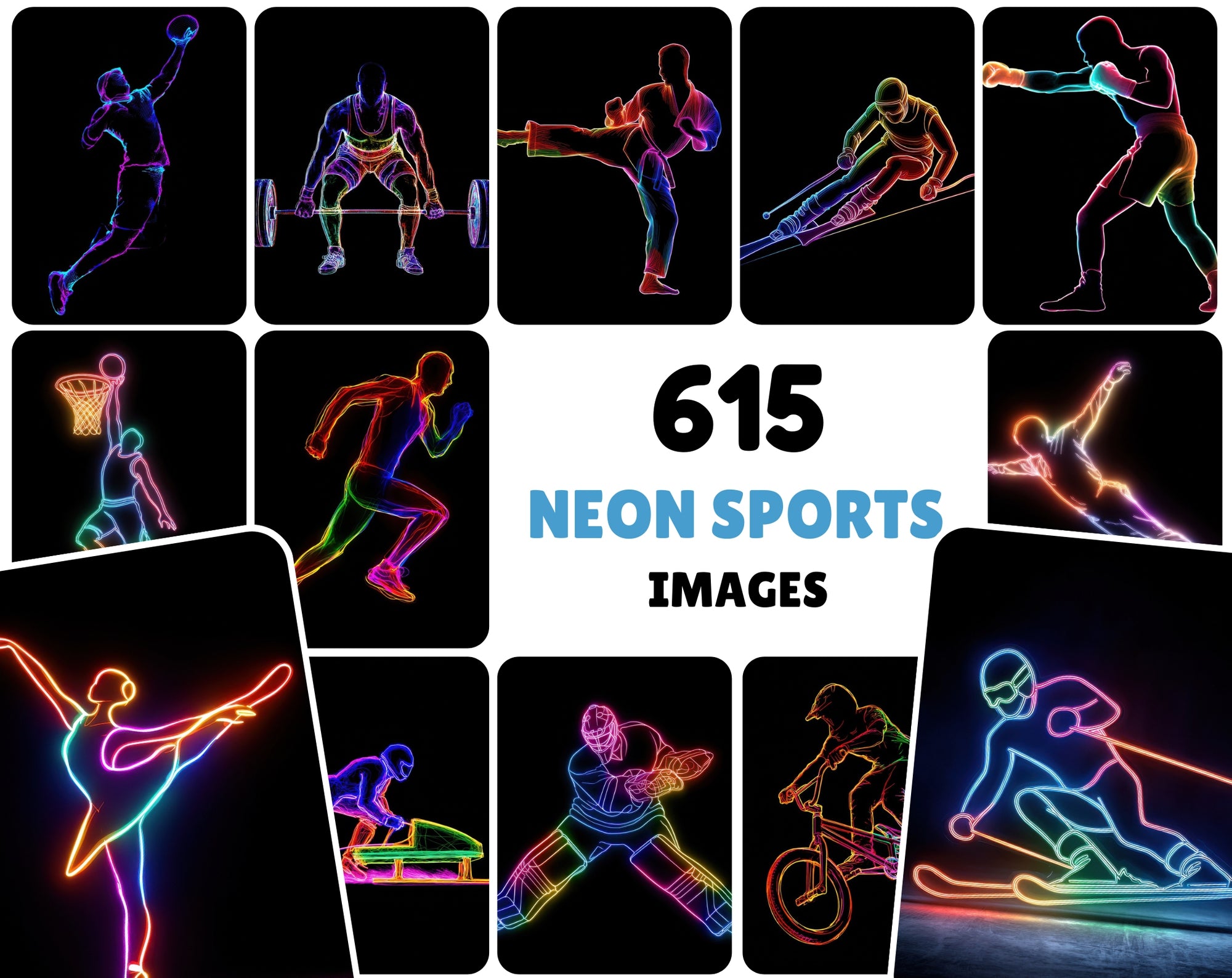 615 Neon Sports Silhouette Images Bundle – High-Resolution JPG Graphics with Commercial License