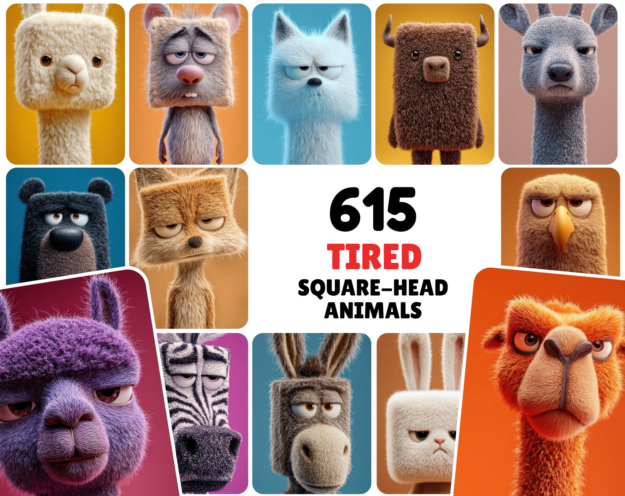 615 Tired Square-Headed Animals Clipart – 3D Cute Animal Bundle
