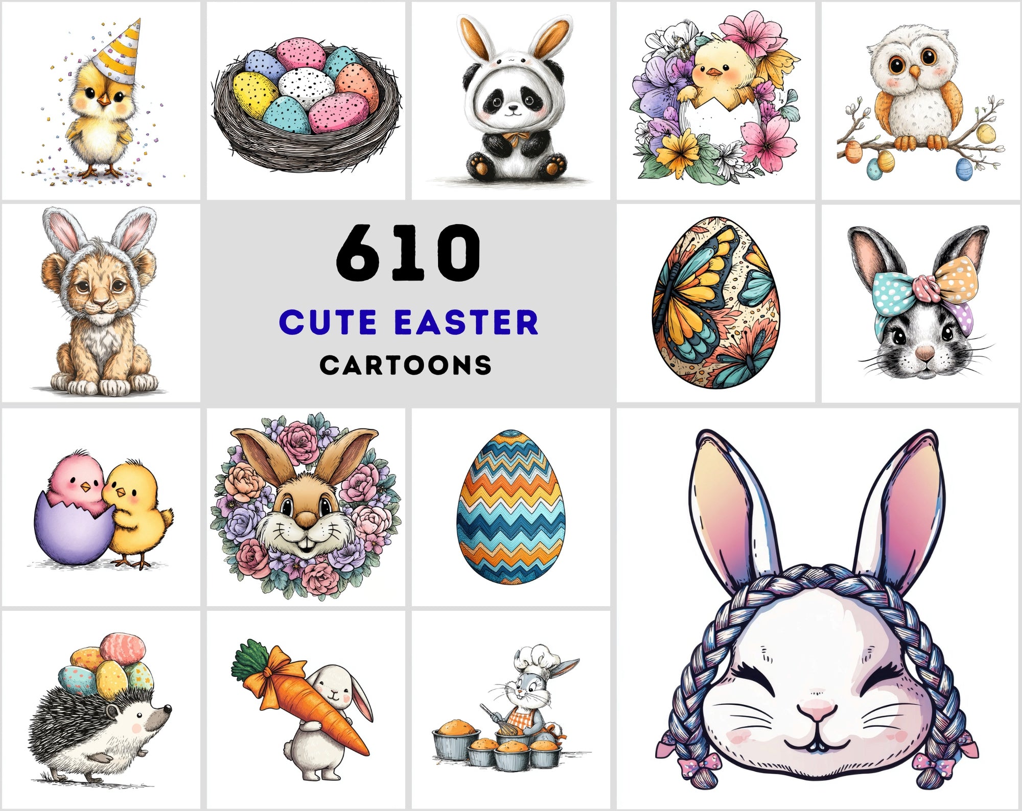 619 Easter Cartoon Illustrations - Cute Bunny, Chick & Spring Animal Clipart Bundle
