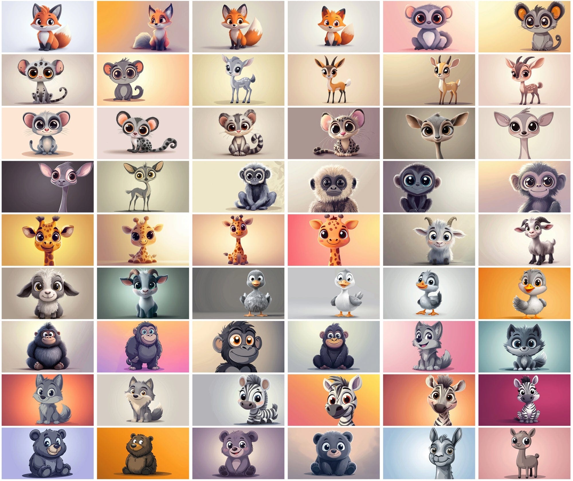 620 Adorable Cartoon Animals with Gradient Backgrounds Digital Download Sumobundle