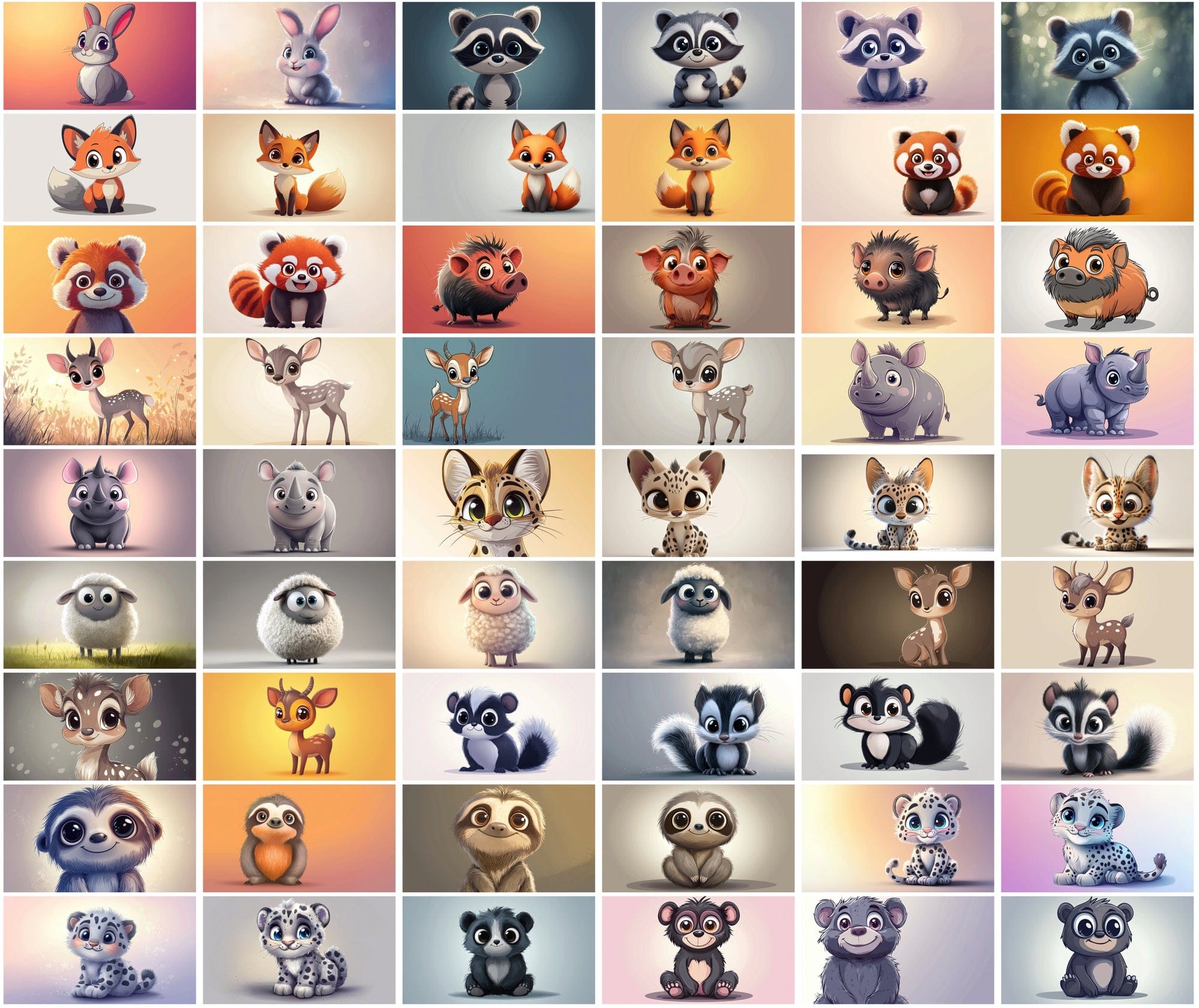 620 Adorable Cartoon Animals with Gradient Backgrounds Digital Download Sumobundle