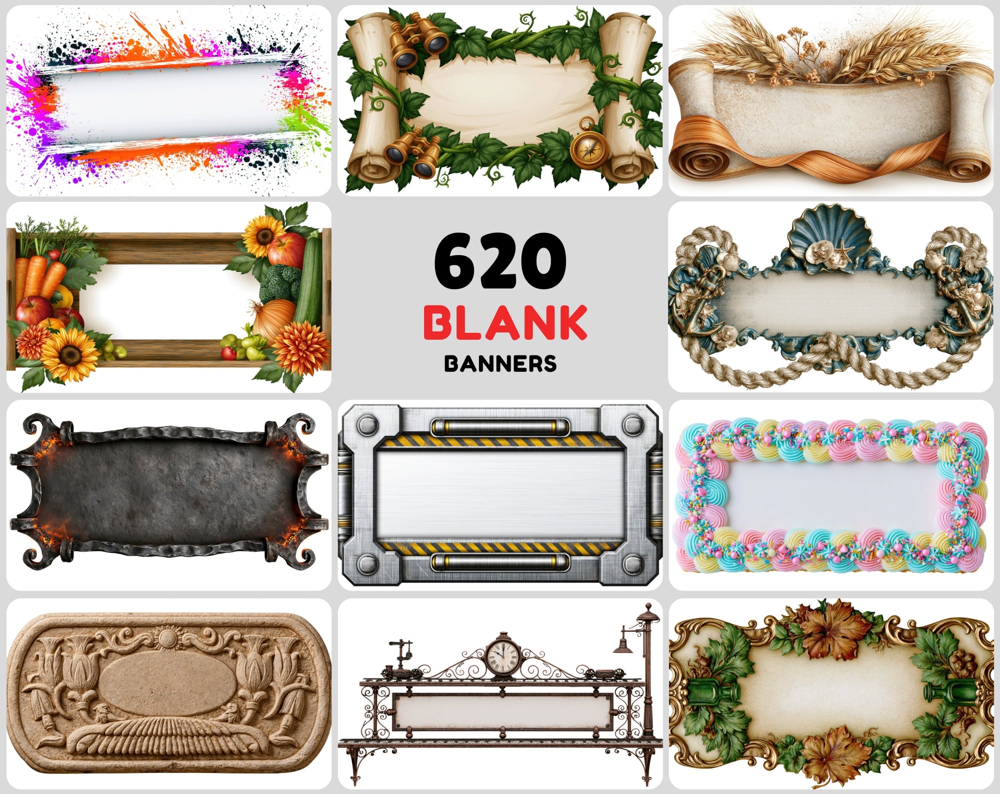 620 Blank Banner Graphics for Text, Printable Design Frames & Decorative Plaques JPG Bundle
