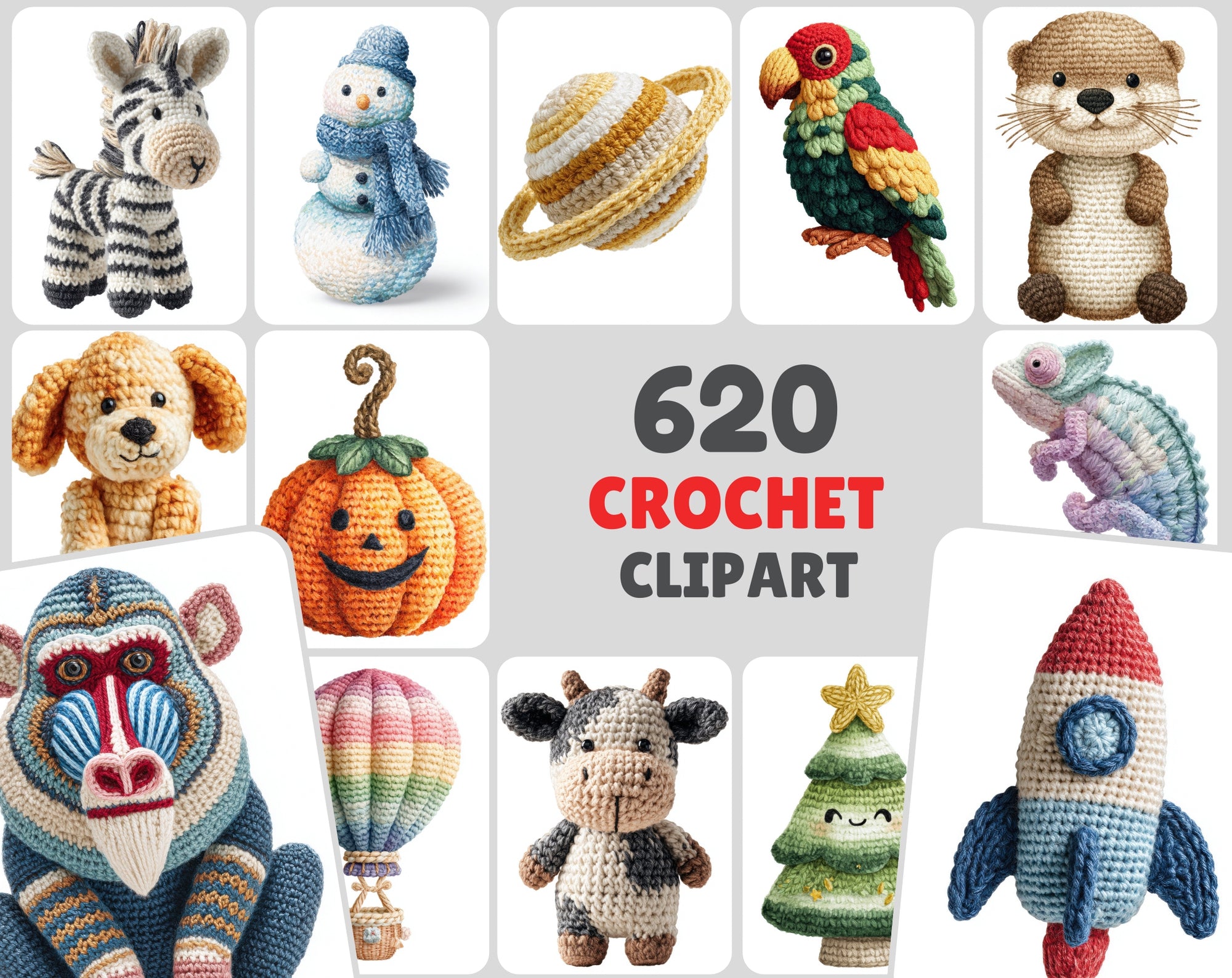 620 Crochet Animal Watercolor Clipart Bundle, Cute Nursery JPG Collection, Woodland Farm Ocean Fantasy Baby Shower Art