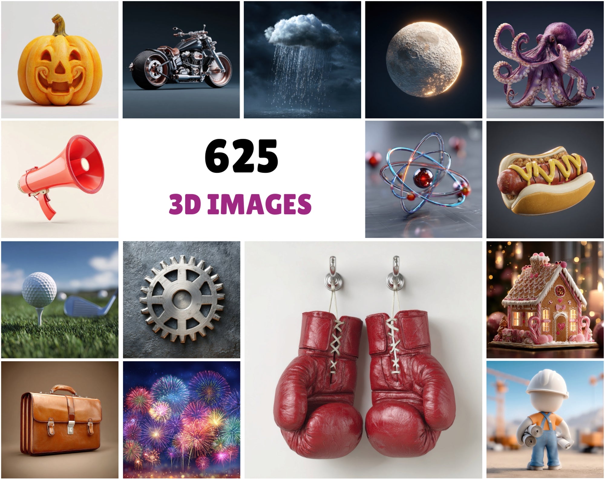 625 3D Clipart Images Bundle — Objects, Characters, Food, Nature and More — 4000x4000 JPG Digital Download