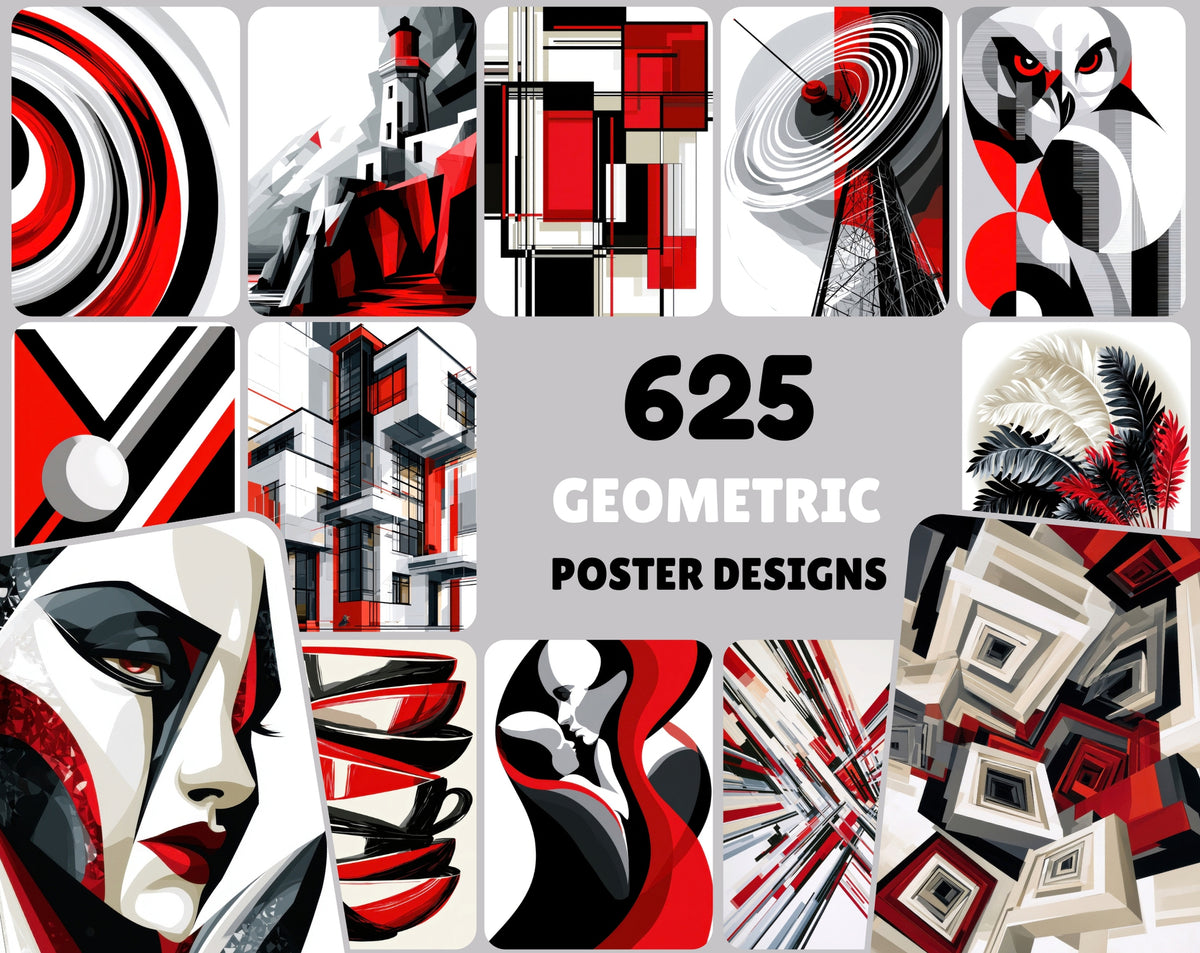 625 Abstract Art Prints Bundle | Red Black White Geometric Posters | Bauhaus Cubist Wall Art