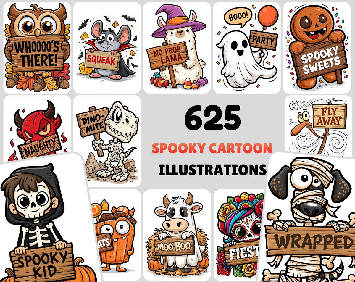 625 Cute Halloween Cartoon Illustrations Bundle – Bold Vector-Style Clipart