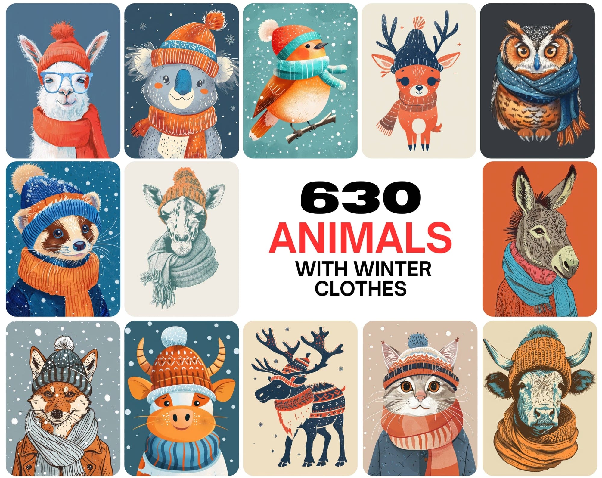 630 Adorable Animal Illustrations in Winter Clothes