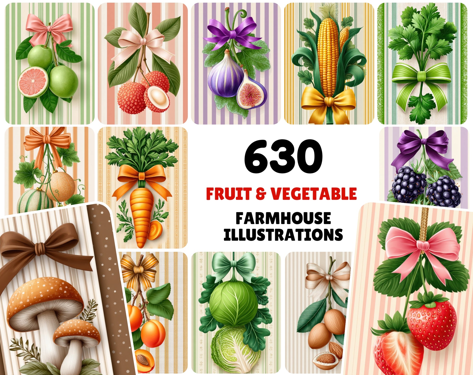 630 Fruit & Vegetable Farmhouse Illustrations, Hand Drawn Botanical JPG Clipart Bundle
