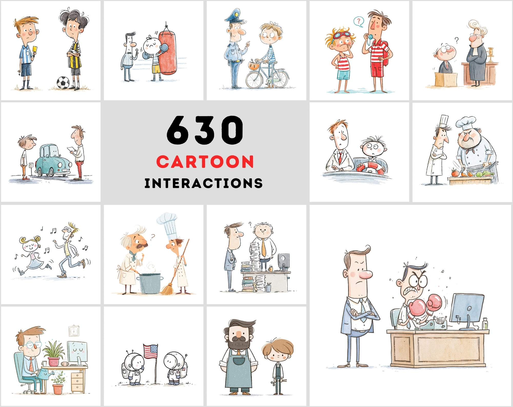 630 Funny Cartoon People Interaction Illustrations JPG Bundle