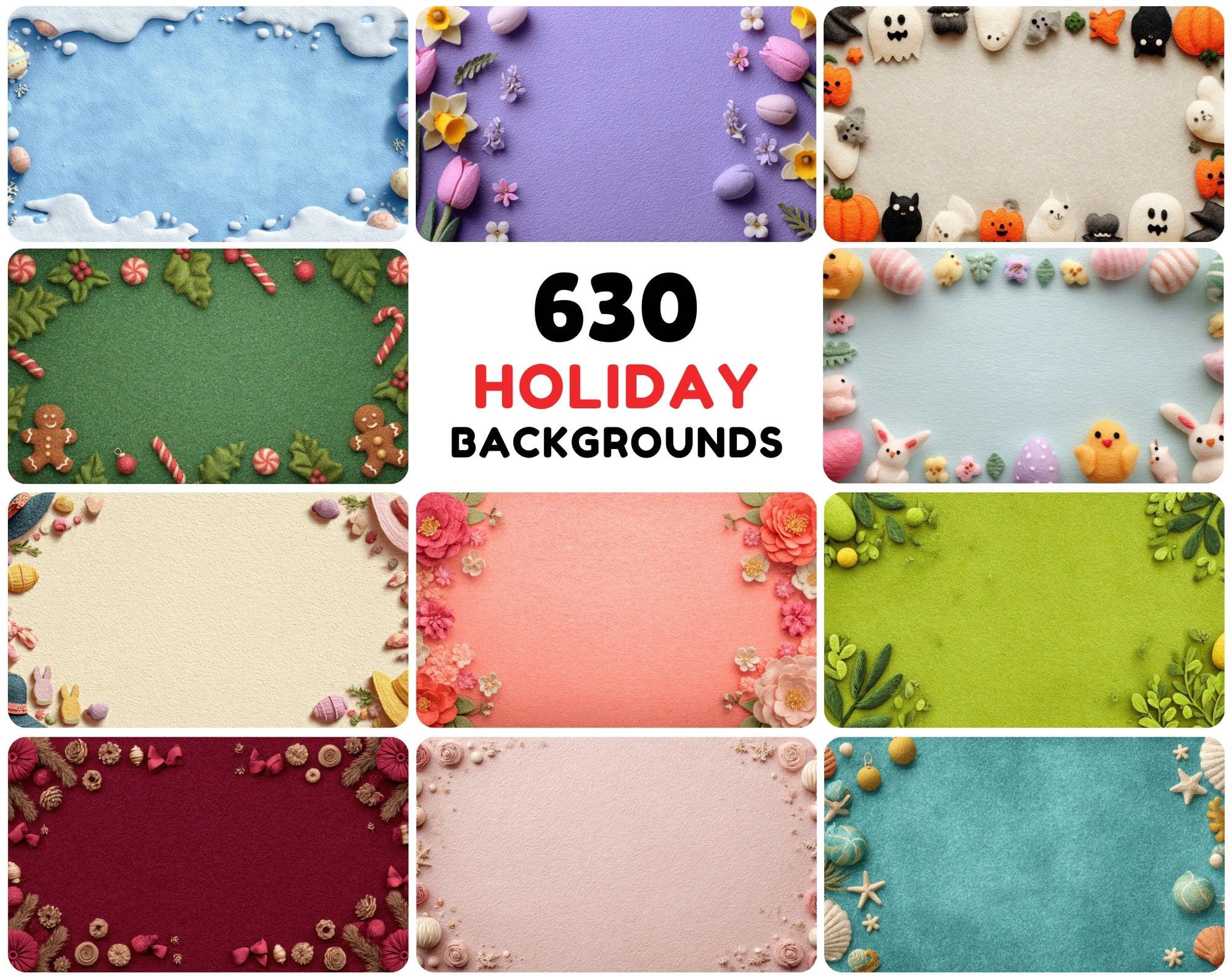 630 Holiday Backgrounds Cute Felt Style | Christmas Halloween Easter Valentines