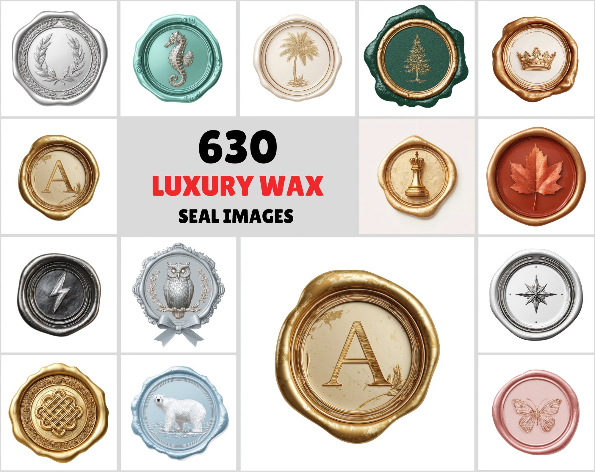 630 Luxury Wax Seal Clipart Bundle – Gold & Colored Seals, Wedding & Branding Graphics