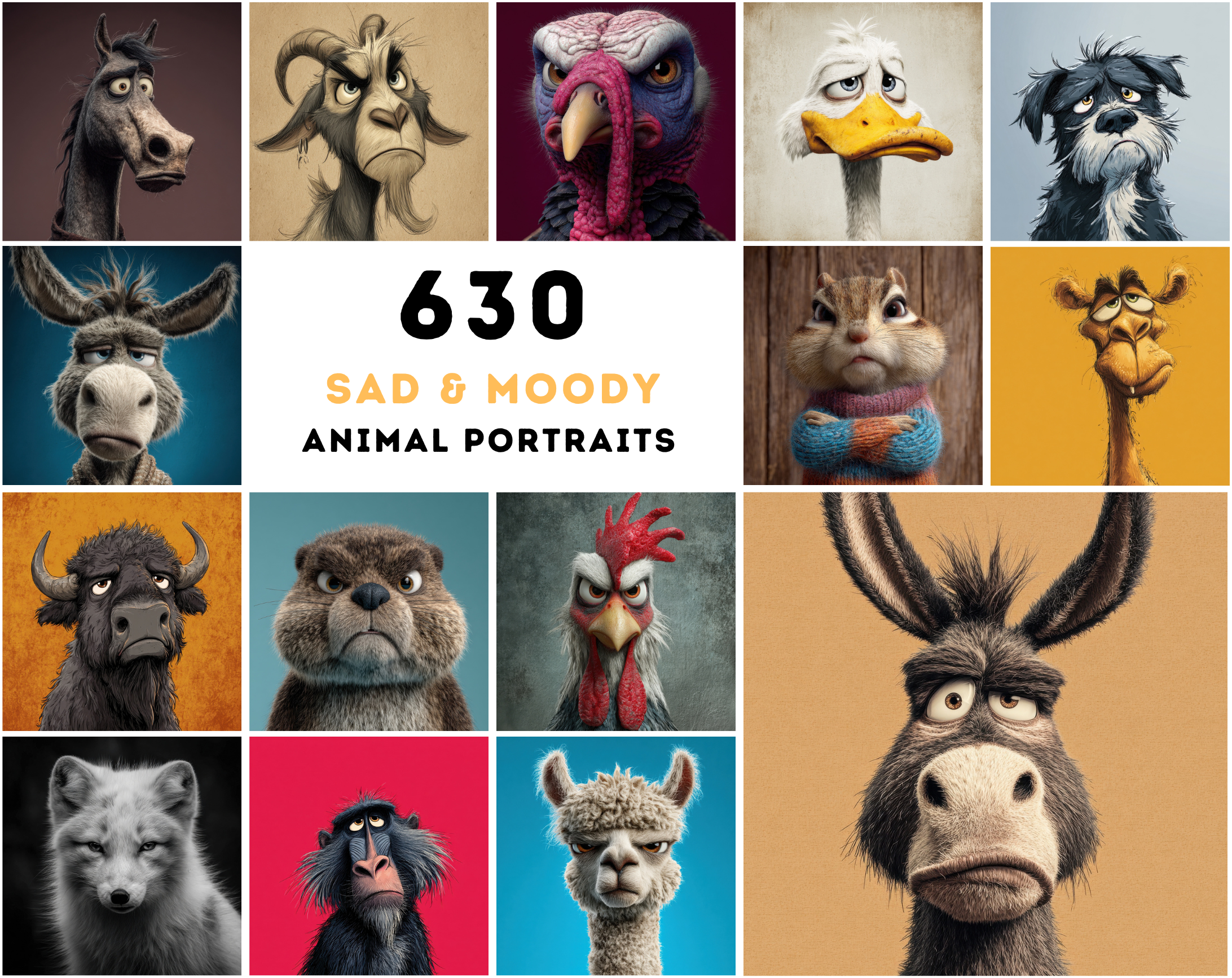 630 Sad and Grumpy Animals Digital Clipart