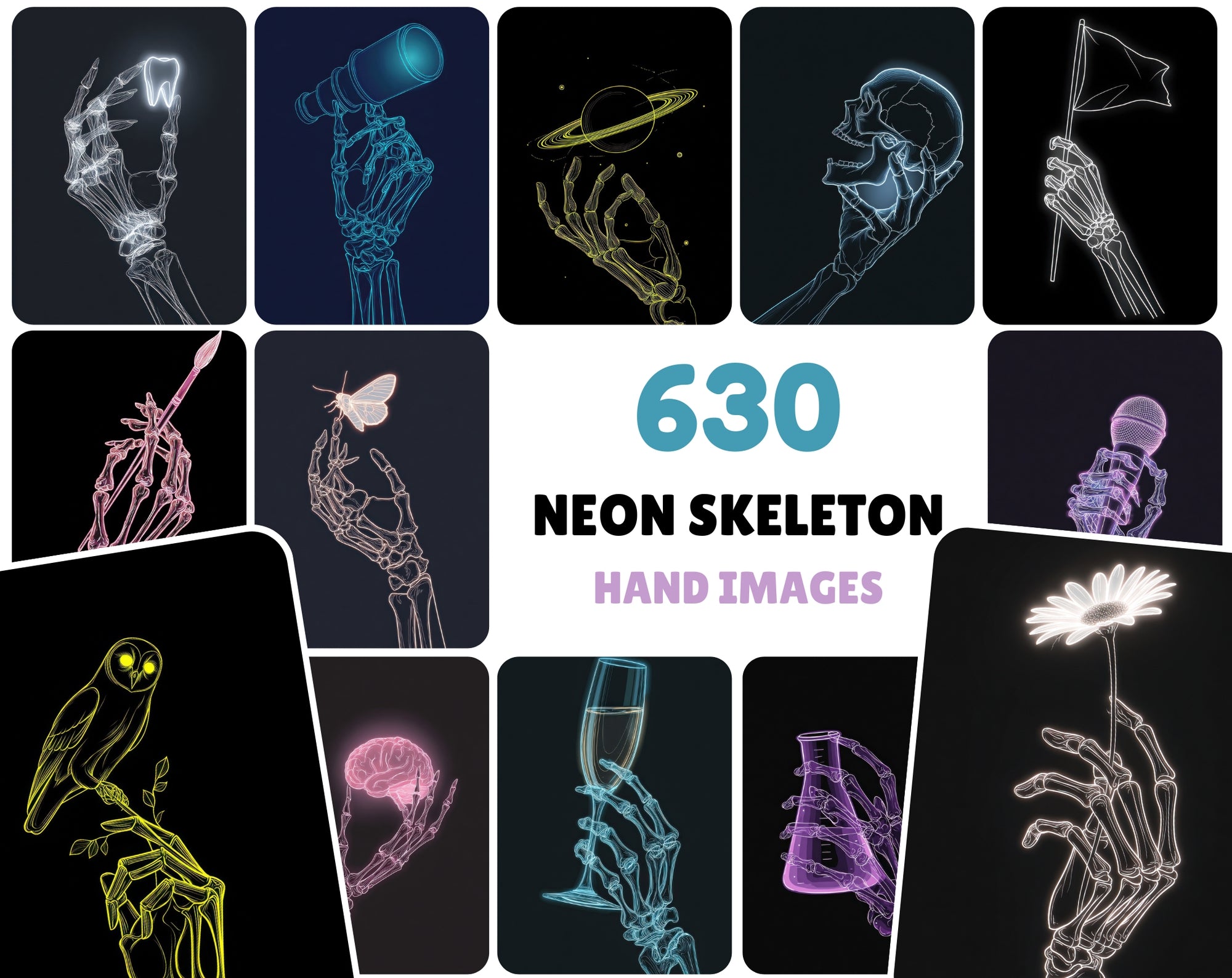 630 Skeleton Hand Neon Line Art Bundle, Halloween Clipart Pack, Gothic Posters