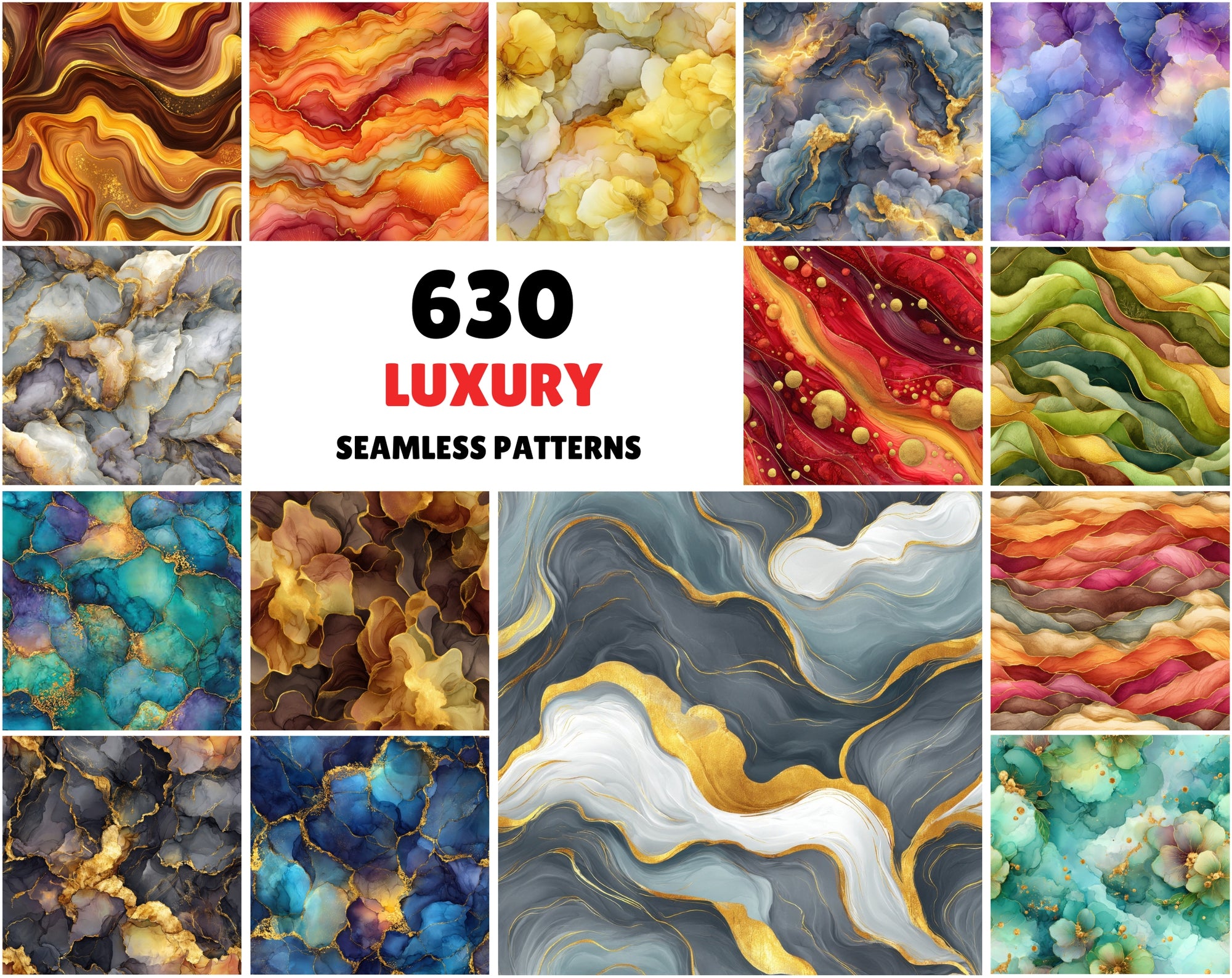 632 Seamless Abstract Ink Patterns Bundle with Gold Veins | Luxury Fluid Backgrounds
