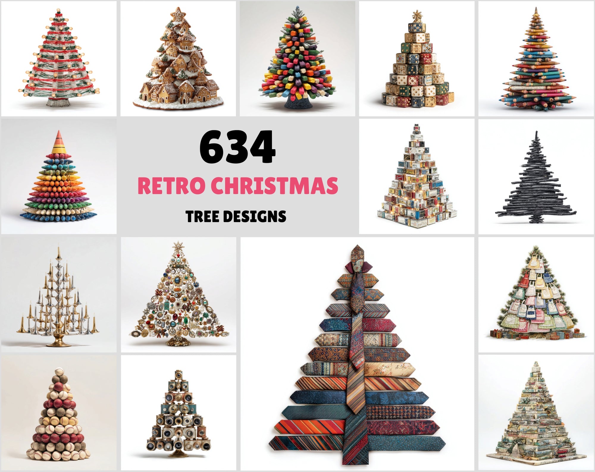 634 Retro Christmas Tree Illustrations Made from Vintage Items