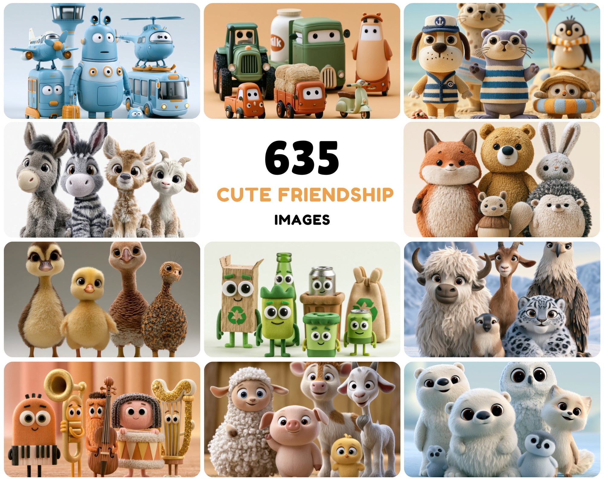 635 Cute Friendship Characters JPG Bundle – Kids, Best Friends & Animated Clipart with Commercial License